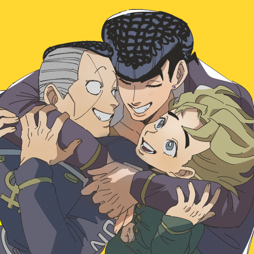 tirauraja, higashikata josuke, hirose koichi, nijimura okuyasu, diamond wa kudakenai, jojo no kimyou na bouken, commentary request, 3boys, arm up, arms around neck, black hair, black jacket, blonde hair, blue eyes, collarbone, dollar sign, earrings, facial mark, gakuran, green jacket, grin, group hug, hand on another's arm, hug, jacket, jewelry, long sleeves, looking at another, male focus, multiple boys, open mouth, piercing, pompadour, school uniform, short sideburns, simple background, smile, stud earrings, teeth, upper body, yellow background