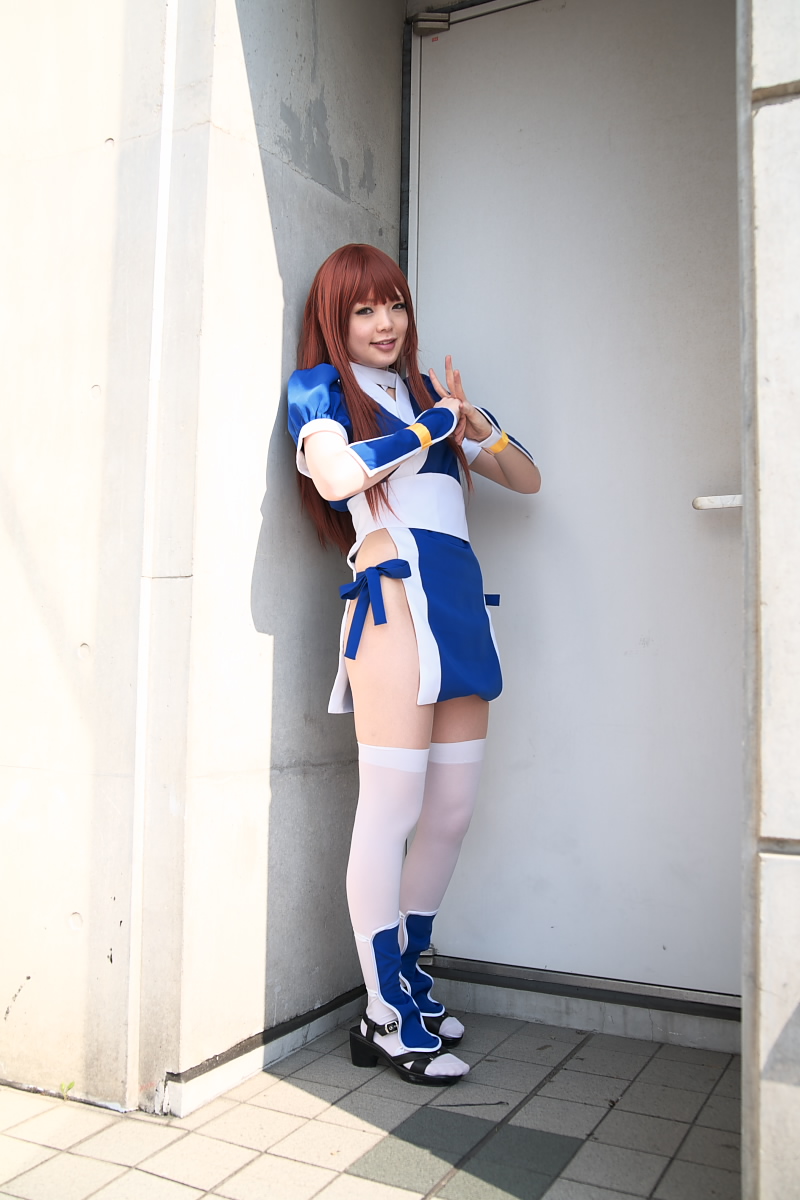 namada, kasumi (doa), dead or alive, tecmo, highres, photo (medium), 1girl, asian, breasts, cosplay, door, female focus, kasumi (doa) (cosplay), long hair, looking at viewer, outdoors, panties, pelvic curtain, red hair, sandals, side-tie panties, small breasts, smile, solo, thighhighs, tile floor, tiles, underwear, white thighhighs