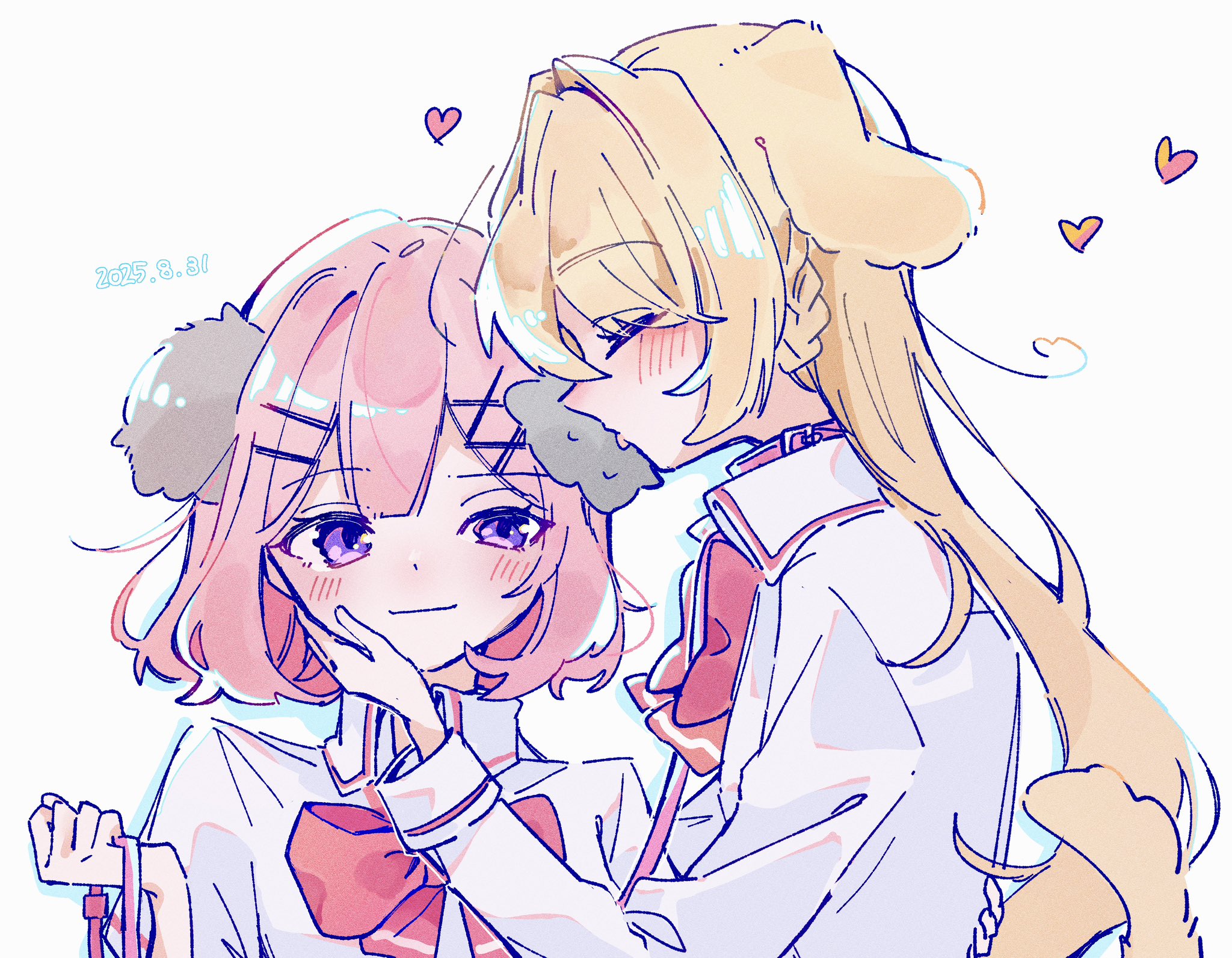 noa lv6, amaori renako, ouzuka mai, watashi ga koibito ni nareru wake naijan murimuri!, commentary request, highres, 2girls, animal ears, blush, bow, bowtie, closed eyes, closed mouth, collar, collared shirt, dated, dog ears, dog girl, dog tail, hand on another's face, heart, holding, holding leash, leash, medium hair, multiple girls, pink hair, purple eyes, red bow, red bowtie, school uniform, shirt, simple background, smile, tail, upper body, white background, white shirt, yuri