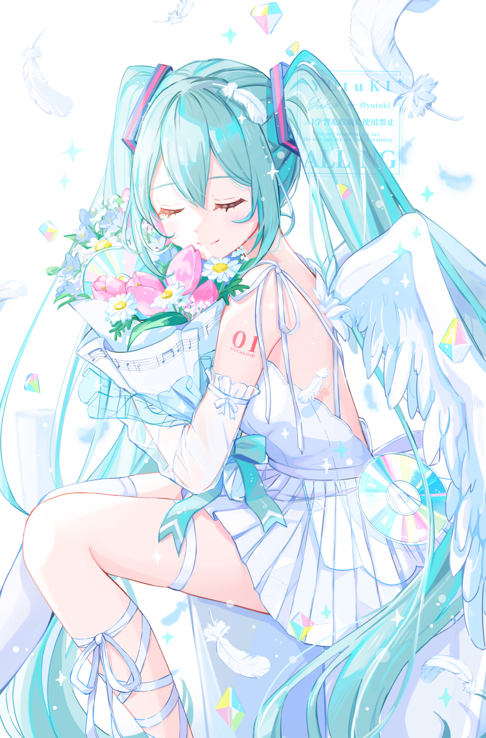yutukicom, hatsune miku, vocaloid, highres, 1girl, aqua bow, aqua hair, bare shoulders, bouquet, bow, breasts, cd, closed eyes, detached sleeves, dress, feathers, flower, holding, holding bouquet, long hair, number tattoo, pleated dress, see-through clothes, see-through sleeves, sheet music, simple background, single thighhigh, sitting, small breasts, smile, solo, tattoo, thighhighs, tight clothes, tight dress, twintails, very long hair, white background, white dress, white feathers, white thighhighs, white wings, wings