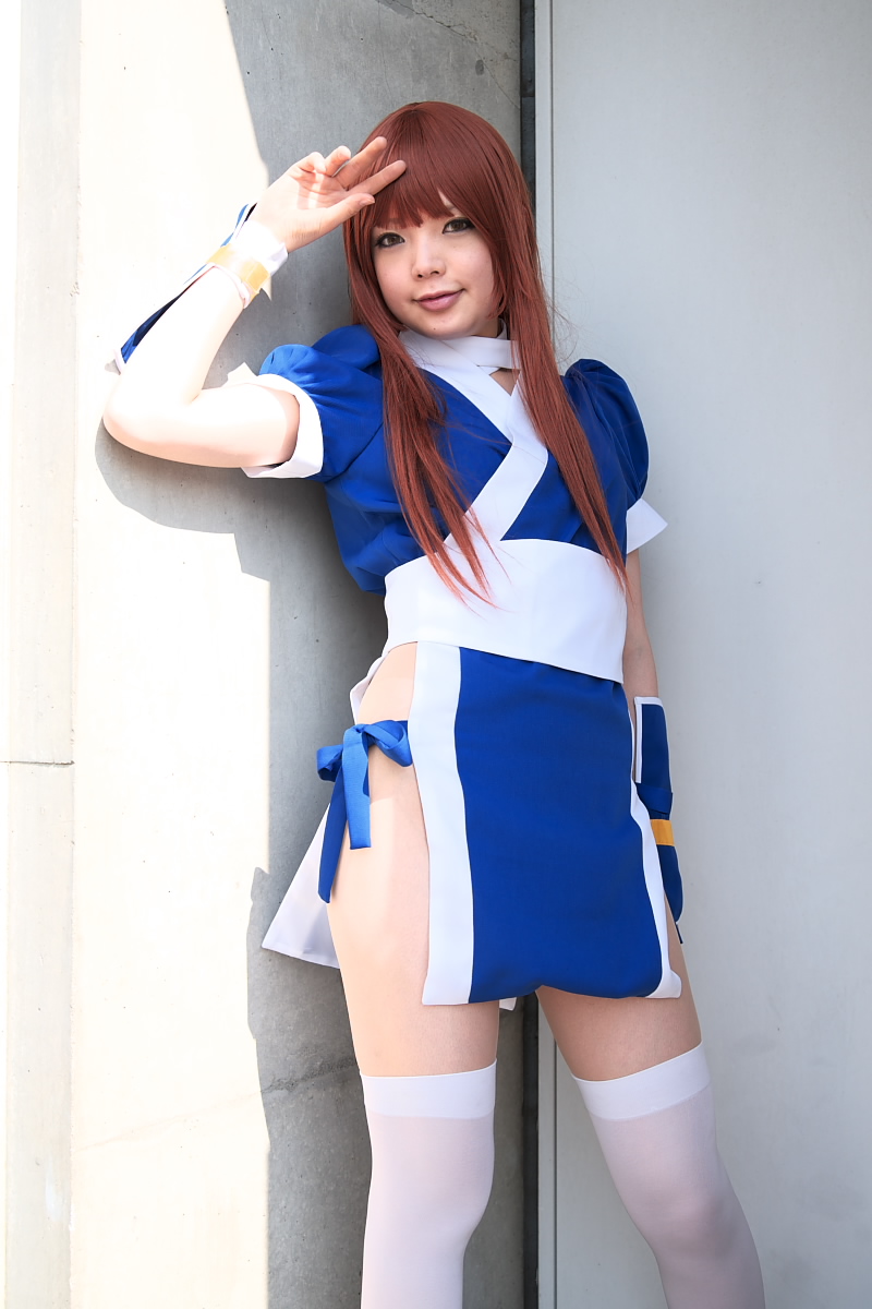 namada, kasumi (doa), dead or alive, tecmo, highres, photo (medium), 1girl, asian, breasts, cosplay, female focus, kasumi (doa) (cosplay), long hair, looking at viewer, outdoors, panties, pelvic curtain, red hair, side-tie panties, small breasts, solo, thighhighs, underwear, white thighhighs