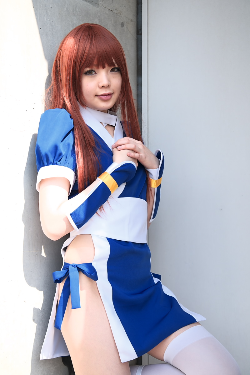 namada, kasumi (doa), dead or alive, tecmo, highres, photo (medium), 1girl, asian, breasts, cosplay, female focus, kasumi (doa) (cosplay), long hair, looking at viewer, outdoors, panties, pelvic curtain, red hair, side-tie panties, small breasts, solo, thighhighs, underwear, white thighhighs