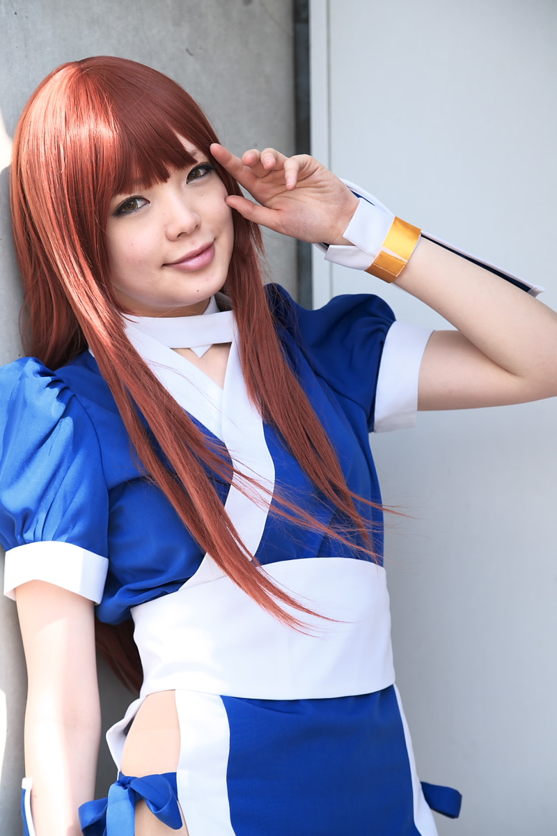namada, kasumi (doa), dead or alive, tecmo, highres, photo (medium), 1girl, asian, breasts, cosplay, female focus, kasumi (doa) (cosplay), long hair, looking at viewer, outdoors, panties, pelvic curtain, red hair, side-tie panties, small breasts, smile, solo, underwear