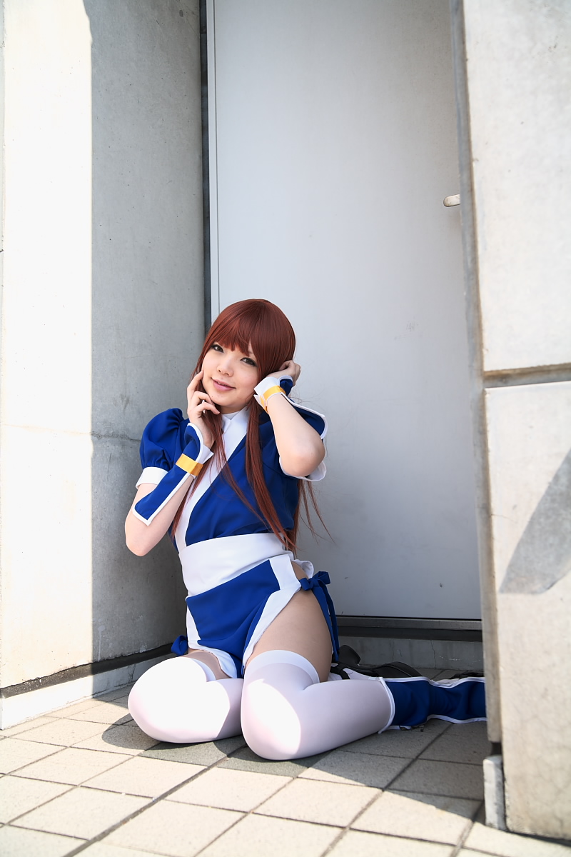 namada, kasumi (doa), dead or alive, tecmo, highres, photo (medium), 1girl, asian, breasts, cosplay, door, female focus, kasumi (doa) (cosplay), long hair, looking at viewer, outdoors, panties, pelvic curtain, red hair, sandals, side-tie panties, sitting, small breasts, smile, solo, thighhighs, tile floor, tiles, underwear, white thighhighs, yokozuwari
