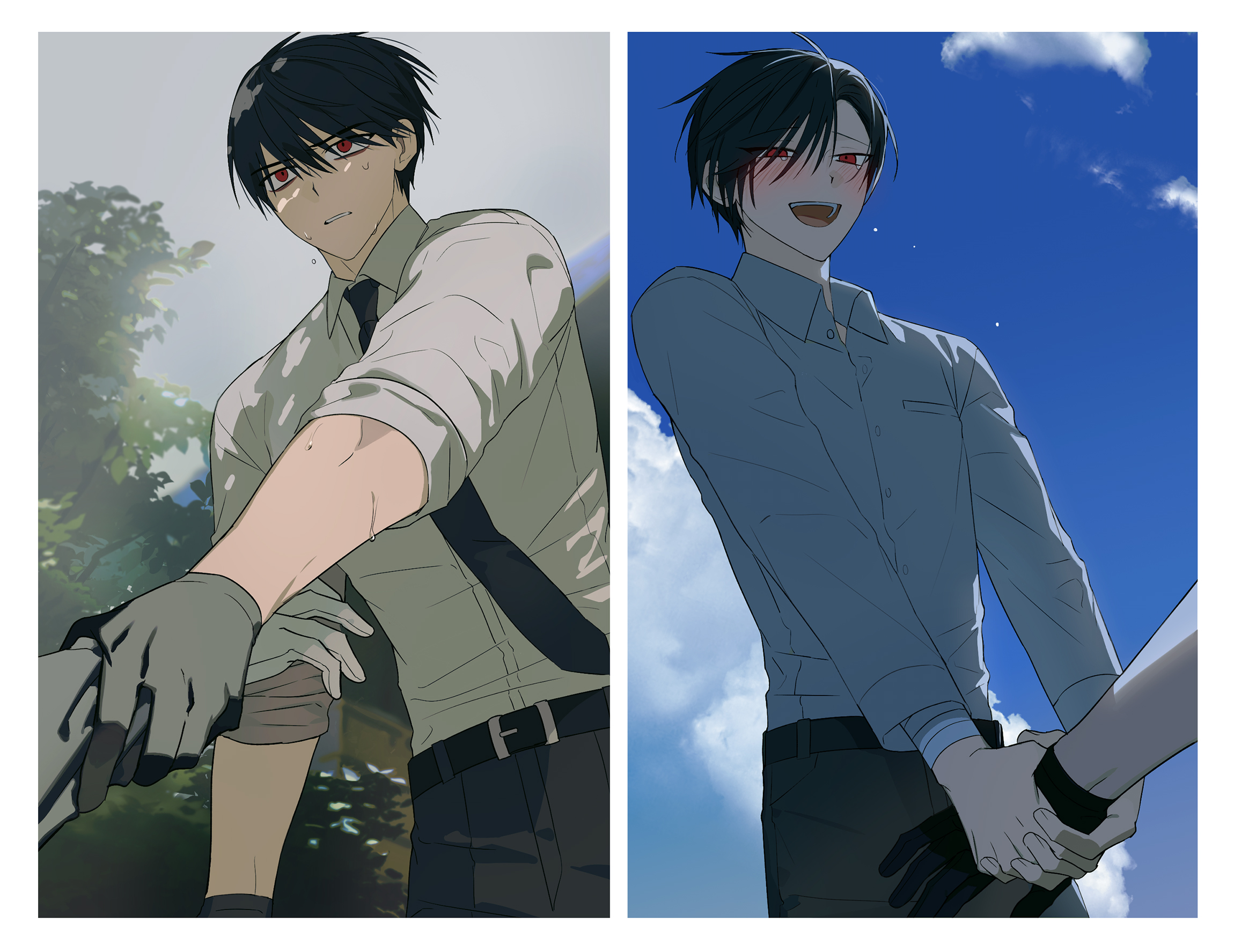oosaki (ooe), ooe (game), highres, korean commentary, 1boy, 2boys, :d, ariake (ooe), belt, black belt, black gloves, black hair, black necktie, black pants, blue sky, blush, cloud, collared shirt, cowboy shot, day, gloves, grey shirt, hair between eyes, holding, holding hands, llikothcihw, long sleeves, looking at viewer, male focus, multiple boys, multiple views, necktie, open mouth, out of frame, outdoors, pants, red eyes, shirt, short hair, sky, sleeves rolled up, smile, sweat, teeth, tree, white shirt
