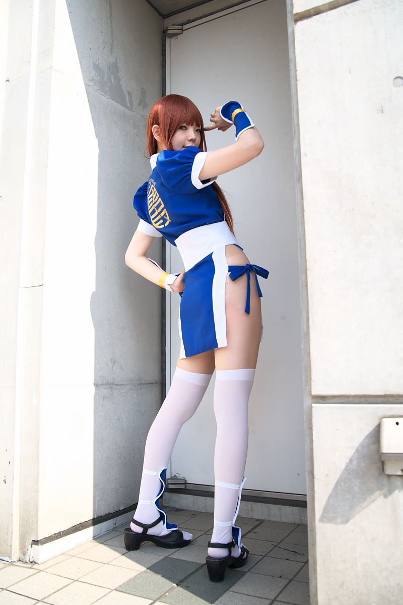 namada, kasumi (doa), dead or alive, tecmo, highres, photo (medium), 1girl, asian, cosplay, door, female focus, kasumi (doa) (cosplay), long hair, looking at viewer, looking back, outdoors, panties, pelvic curtain, red hair, side-tie panties, solo, thighhighs, tile floor, tiles, underwear, white thighhighs