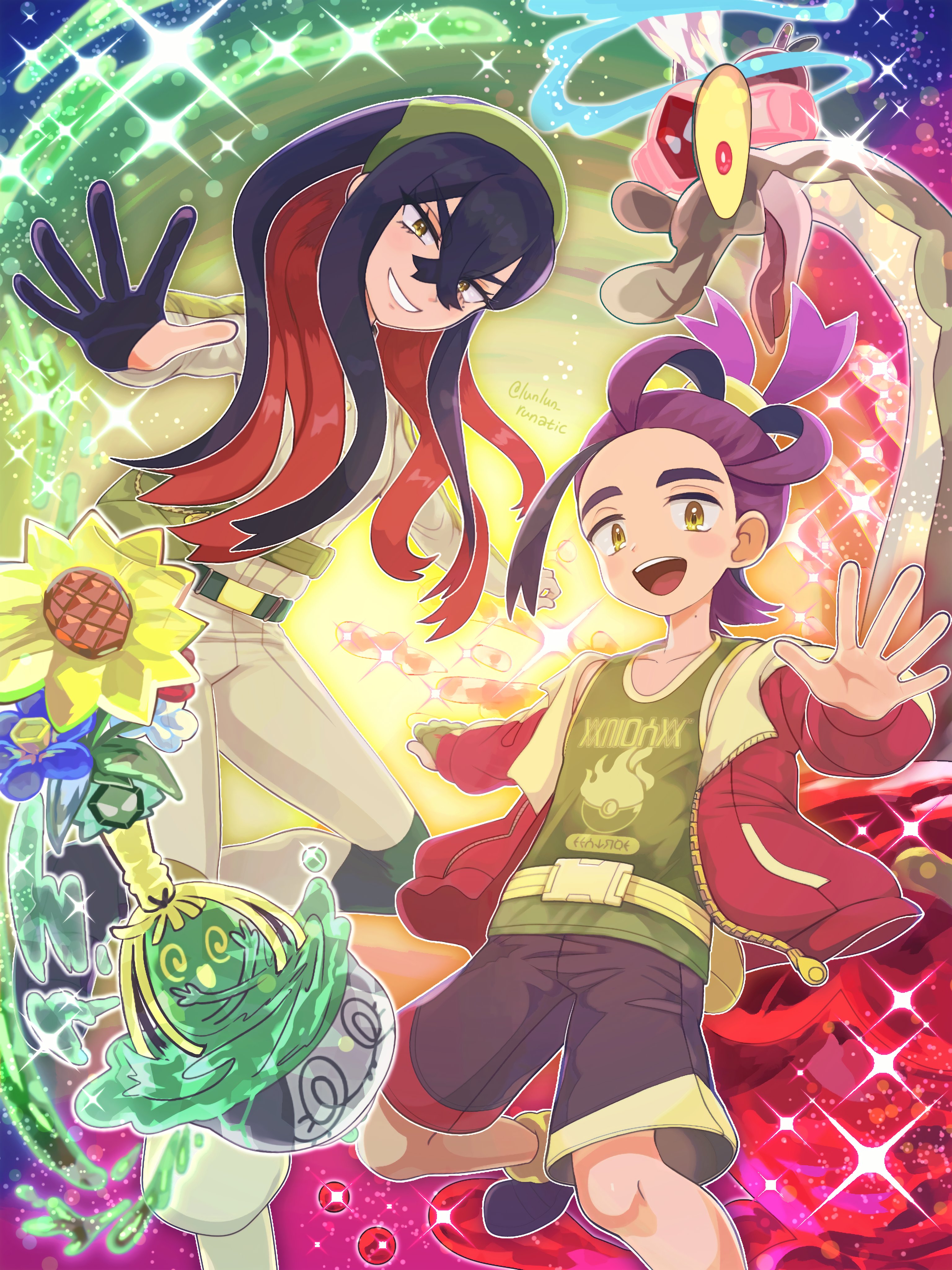 runachikku, carmine (pokemon), hydrapple, kieran (pokemon), sinistcha, nintendo, pokemon, pokemon masters ex, pokemon sv, absurdres, commentary request, highres, 1boy, 1girl, bag, black gloves, black hair, black shorts, brother and sister, crossed bangs, flower, gloves, green bag, green gloves, green tank top, grin, jacket, mole, mole on neck, mole under eye, official alternate color, open clothes, open jacket, open mouth, pants, partially fingerless gloves, pokemon (creature), purple hair, red hair, red jacket, shorts, siblings, single glove, smile, sparkle, tank top, terastallization, yellow eyes, yellow jacket, yellow pants
