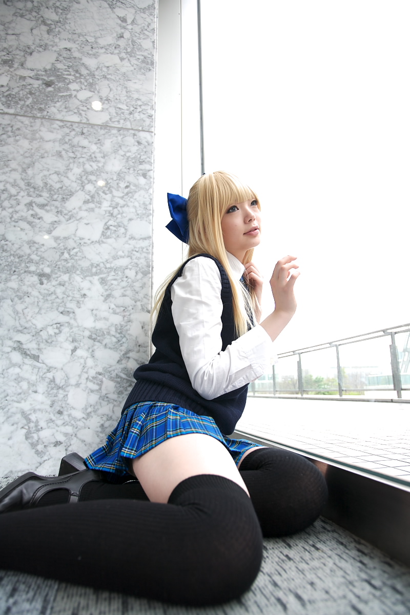 namada, looking away, character request, highres, photo (medium), 1girl, against glass, asian, black shoes, black thighhighs, blonde hair, blue ribbon, blurry, bow, breasts, color contacts, cosplay, depth of field, dress shirt, female focus, hair bow, indoors, miniskirt, on floor, parted lips, ribbon, school uniform, shirt, shoes, sitting, skirt, small breasts, solo, sweater vest, thighhighs, white shirt, window, yokozuwari, zettai ryouiki
