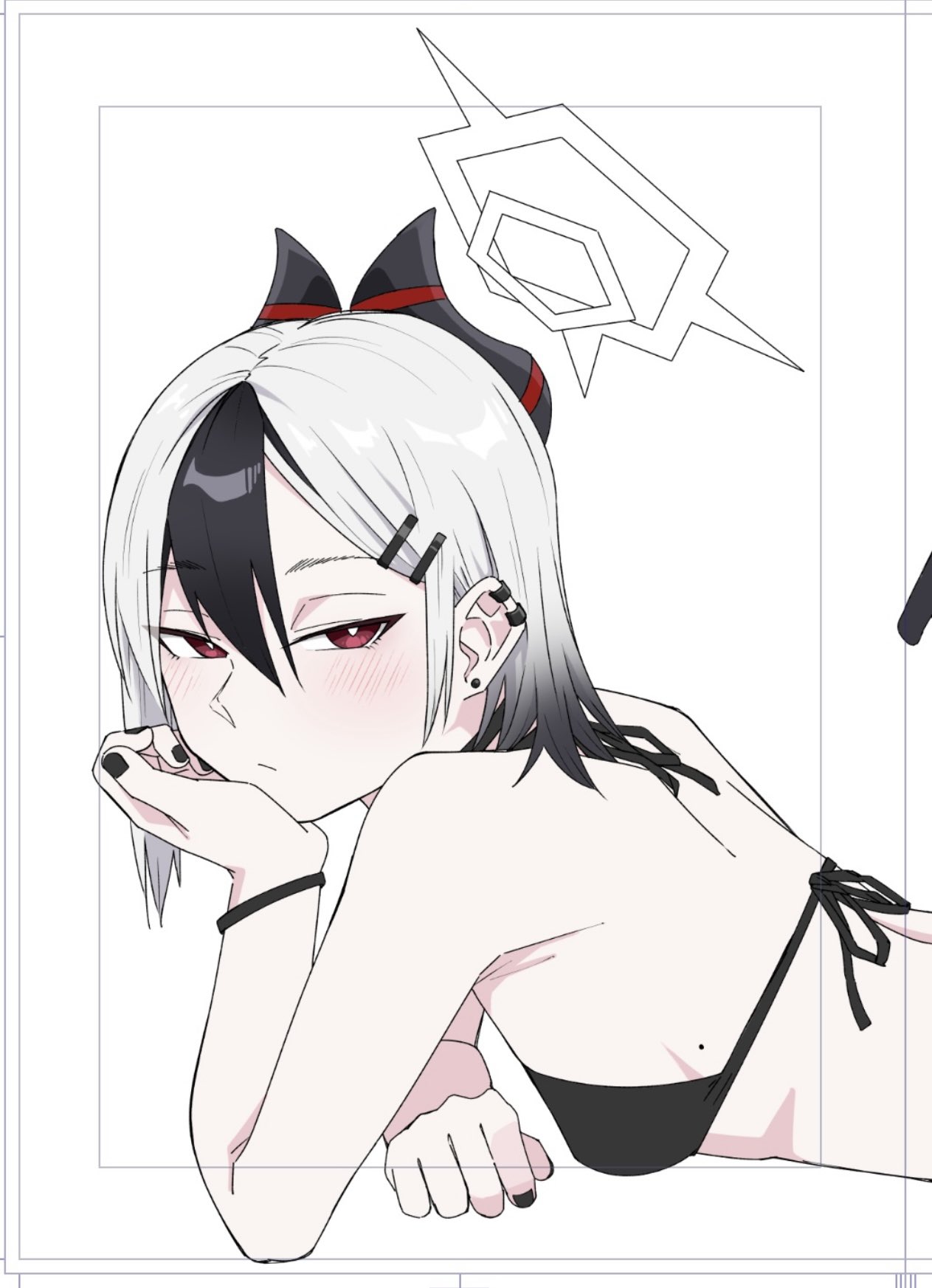 vividnatadecoco, kayoko (blue archive), blue archive, commentary request, highres, 1girl, bare shoulders, bikini, black bikini, black hair, black nails, blush, breasts, closed mouth, ear piercing, earrings, grey hair, hair ornament, hairclip, halo, horns, jewelry, looking at viewer, looking to the side, multicolored hair, nail polish, piercing, red eyes, simple background, small breasts, solo, stud earrings, swimsuit, two-tone hair, upper body, white background