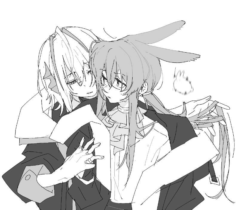 hamha s, amiya (arknights), w (arknights), arknights, 2girls, animal ears, antennae, ascot, greyscale, half-closed eyes, hand in another's hair, holding hands, horns, interlocked fingers, jacket, long hair, long sleeves, monochrome, multiple girls, parted lips, rabbit ears, shirt, sweat, upper body, yuri