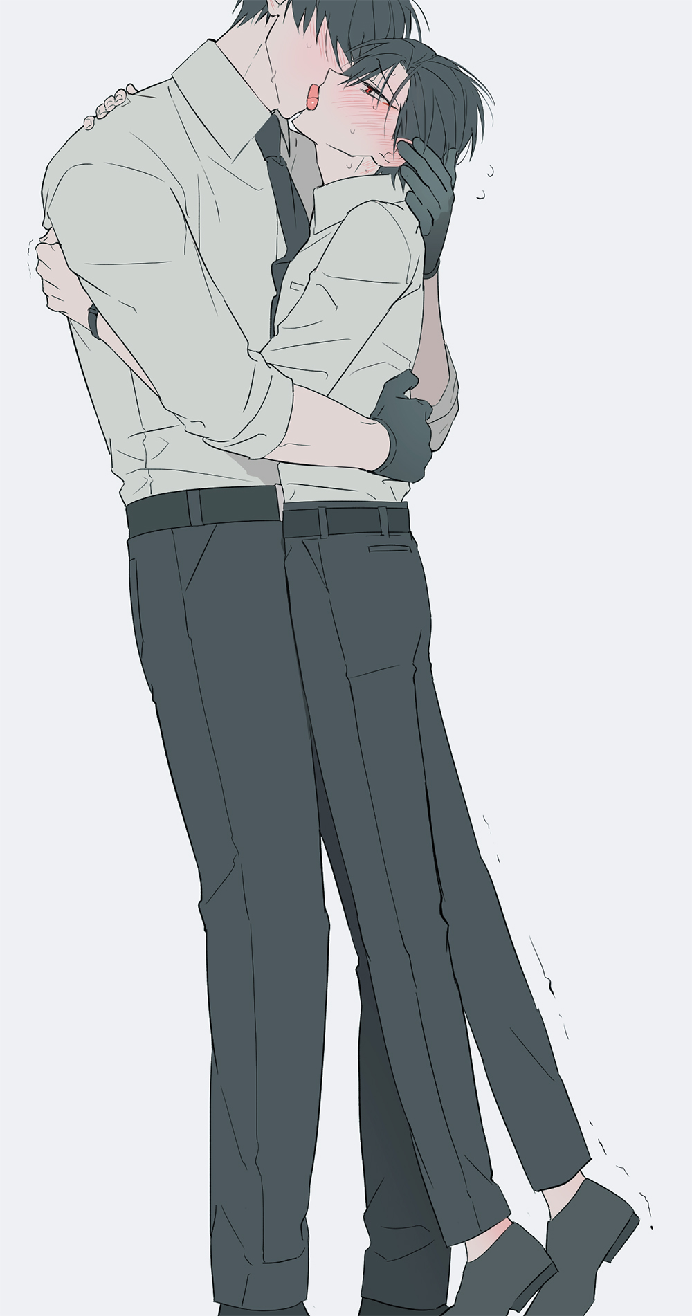 oosaki (ooe), ooe (game), highres, 2boys, ariake (ooe), belt, black gloves, black hair, black necktie, black pants, blush, closed eyes, collared shirt, french kiss, full body, glasses, gloves, height difference, hug, kiss, llikothcihw, male focus, multiple boys, necktie, pants, shirt, shoes, short hair, simple background, standing, tongue, tongue out, trembling, white background, white shirt, yaoi