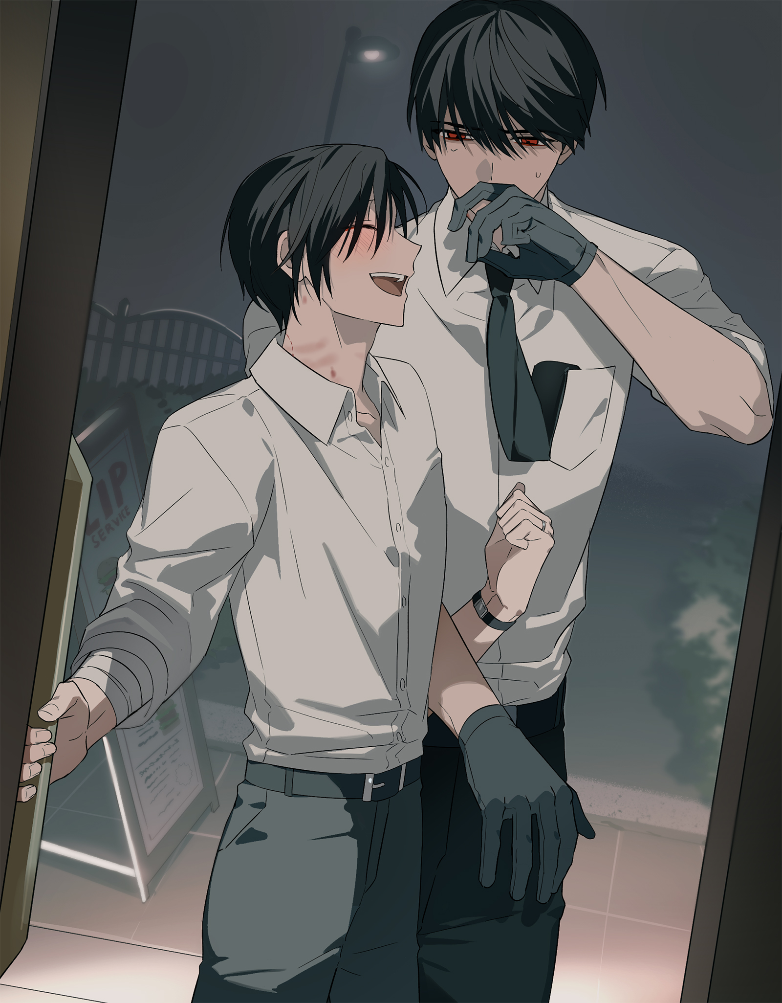 oosaki (ooe), ooe (game), highres, korean commentary, 2boys, ariake (ooe), belt, black belt, black hair, black necktie, black pants, closed eyes, collared shirt, door, gloves, grey gloves, grey pants, lamppost, llikothcihw, male focus, multiple boys, necktie, night, open mouth, outdoors, pants, red eyes, shirt, short hair, sleeves rolled up, smile, sweatdrop, teeth, white shirt, yaoi