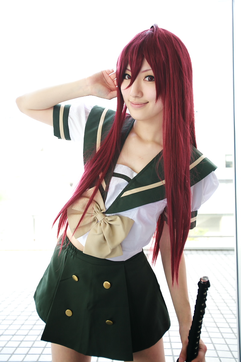 saya (cosplayer), shana, shakugan no shana, highres, photo (medium), cosplay, katana, red hair, sailor, school uniform, serafuku, sword, thighhighs, weapon