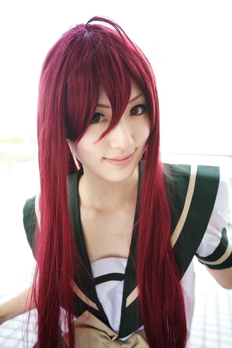 saya (cosplayer), shana, shakugan no shana, highres, photo (medium), cosplay, red hair, sailor, school uniform, serafuku