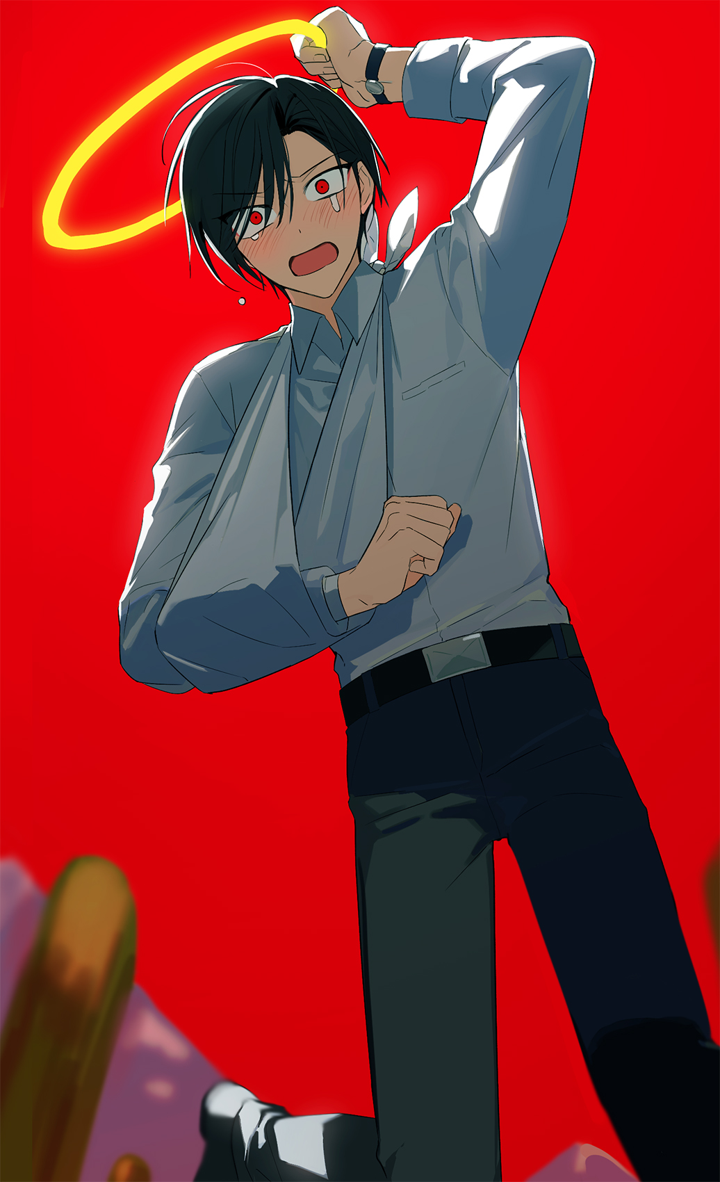 ooe (game), highres, 1boy, ariake (ooe), belt, black belt, black hair, black pants, blush, collared shirt, halo, llikothcihw, long sleeves, looking at viewer, male focus, open mouth, pants, red background, red eyes, shirt, short hair, simple background, solo, tears, watch, white shirt, wristwatch