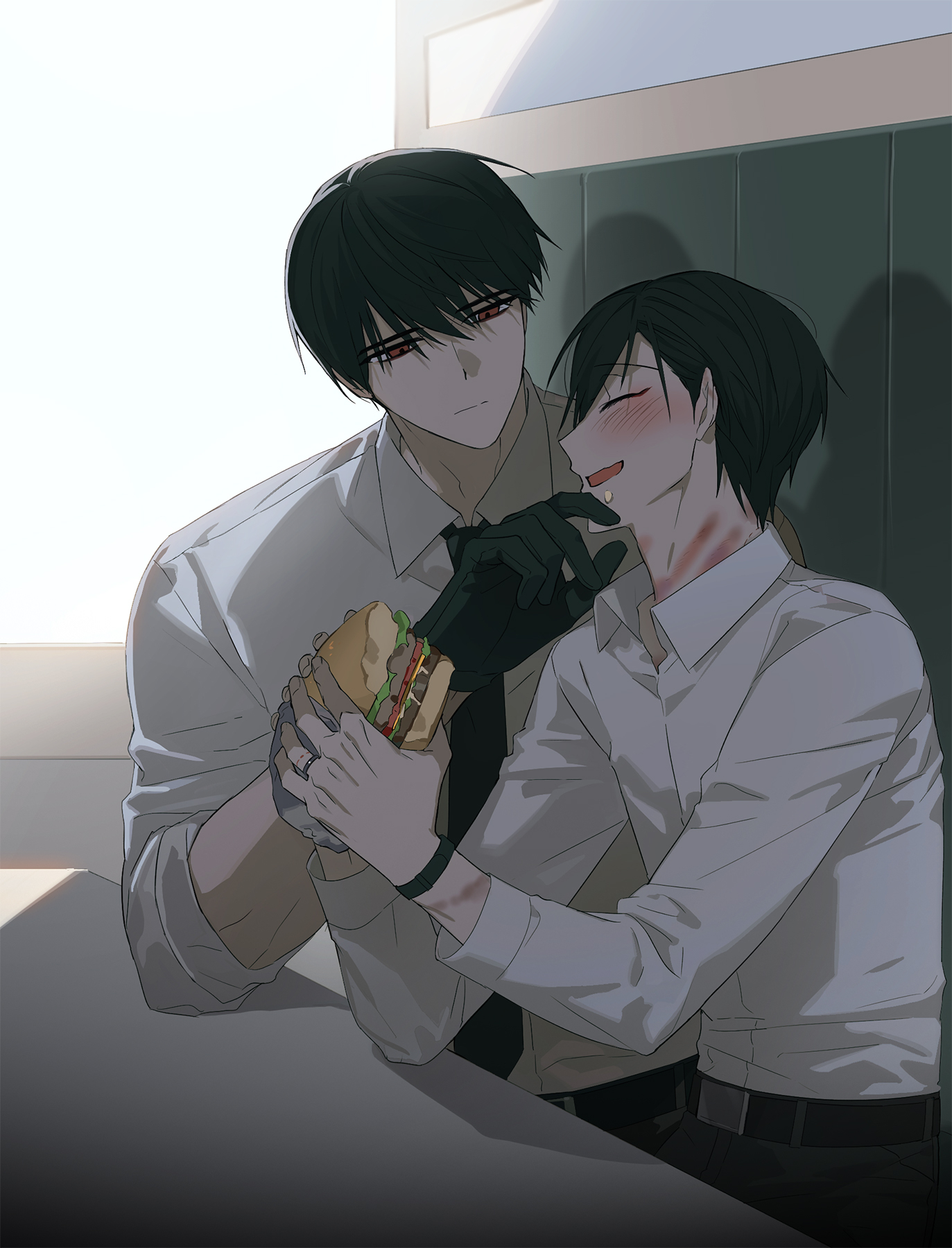 oosaki (ooe), ooe (game), highres, korean commentary, 2boys, ariake (ooe), belt, bite mark, black belt, black gloves, black hair, black necktie, black pants, blush, closed eyes, closed mouth, collared shirt, food, gloves, hair between eyes, holding, holding food, indoors, jewelry, llikothcihw, long sleeves, male focus, multiple boys, necktie, open mouth, pants, red eyes, ring, sandwich, scar, shirt, short hair, sitting, smile, white shirt, yaoi