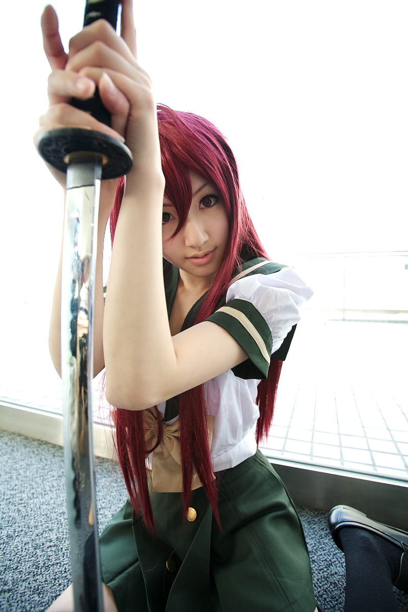 saya (cosplayer), shana, shakugan no shana, highres, photo (medium), cosplay, katana, red hair, sailor, school uniform, serafuku, sword, thighhighs, weapon