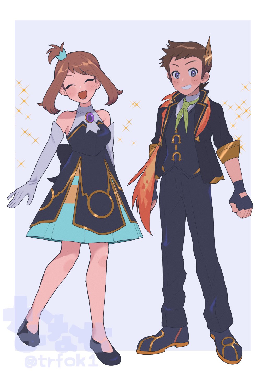nanase (trfok1), brendan (champion) (pokemon), brendan (pokemon), may (champion) (pokemon), may (pokemon), nintendo, pokemon, pokemon masters ex, highres, 1boy, 1girl, bare shoulders, black dress, black jacket, black pants, black shoes, black vest, brown hair, closed eyes, dress, elbow gloves, full body, gloves, green neckerchief, jacket, looking at viewer, neckerchief, official alternate costume, open mouth, pants, shoes, short hair, sleeveless, sleeveless dress, vest, white gloves