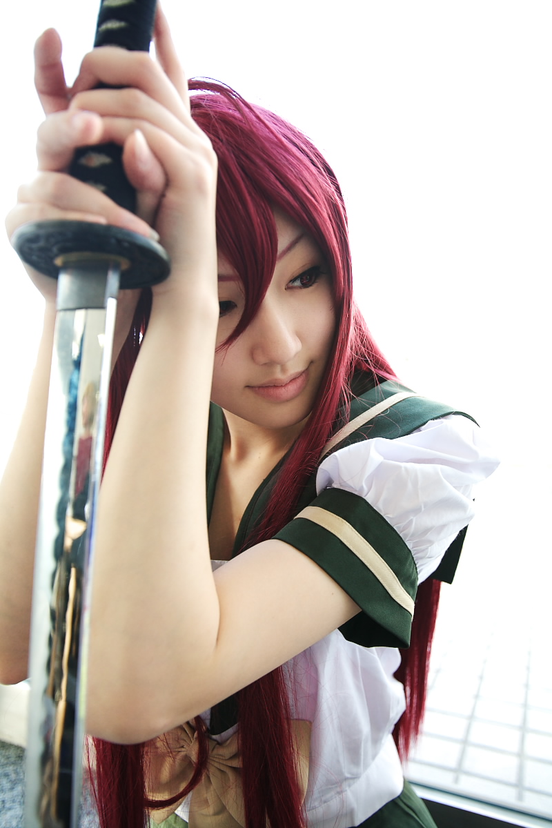 saya (cosplayer), shana, shakugan no shana, highres, photo (medium), cosplay, katana, red hair, sailor, school uniform, serafuku, sword, weapon