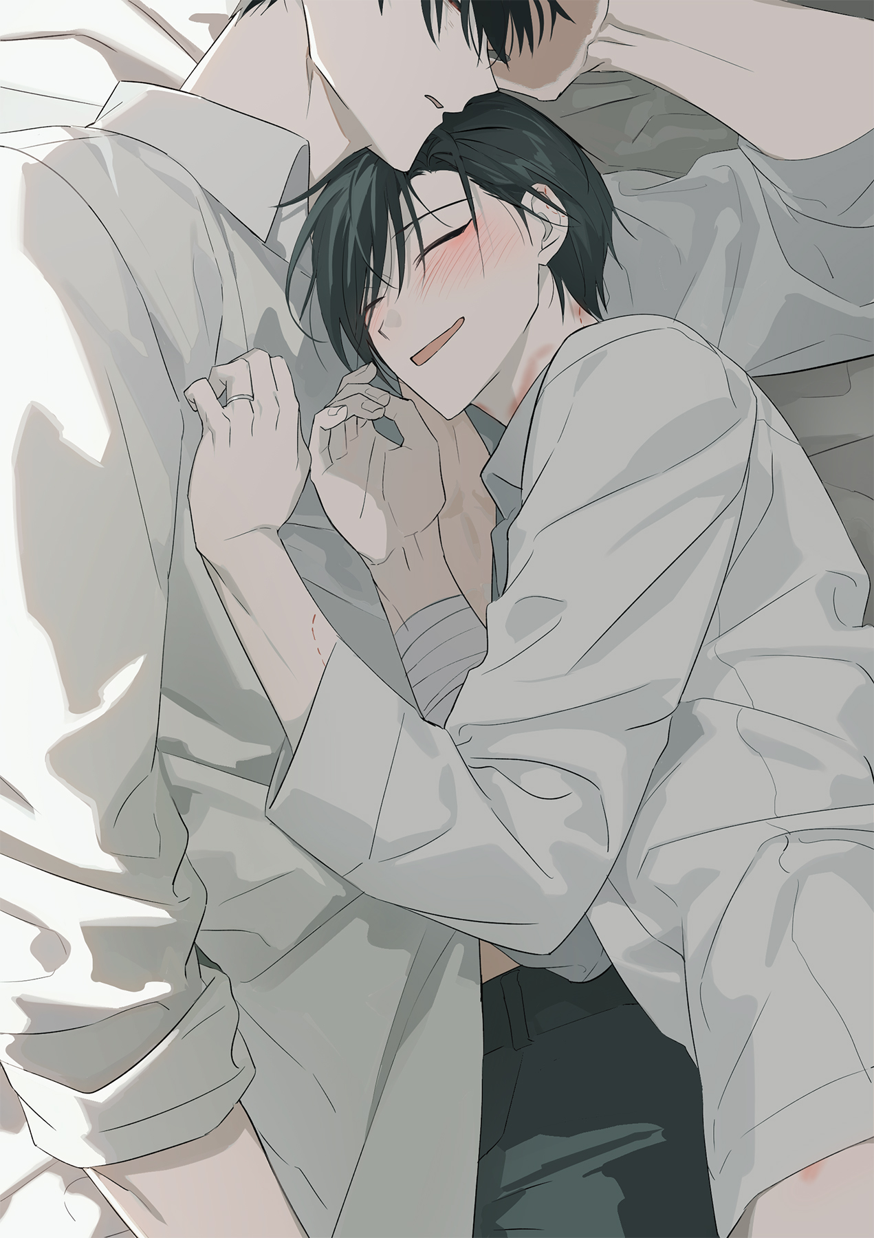 oosaki (ooe), ooe (game), highres, korean commentary, 2boys, ariake (ooe), bandages, black hair, blush, closed eyes, collared shirt, cuddling, jewelry, llikothcihw, long sleeves, lying, male focus, multiple boys, on bed, on side, open mouth, pants, ring, shirt, short hair, sleeping, smile, white shirt, yaoi