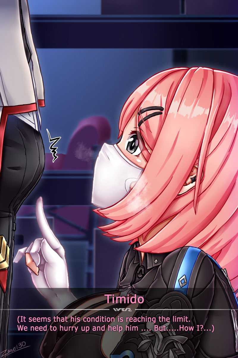 zero130rider, adam (honkai impact), timido cute, honkai (series), honkai impact 3rd, highres, 1boy, 1girl, black leotard, black pants, bob cut, breasts, bulge, coat, earrings, erection, erection under clothes, gloves, grey coat, grey eyes, heavy breathing, hetero, huge breasts, jewelry, leotard, mask, mouth mask, pants, partially fingerless gloves, pink hair, short hair, white gloves