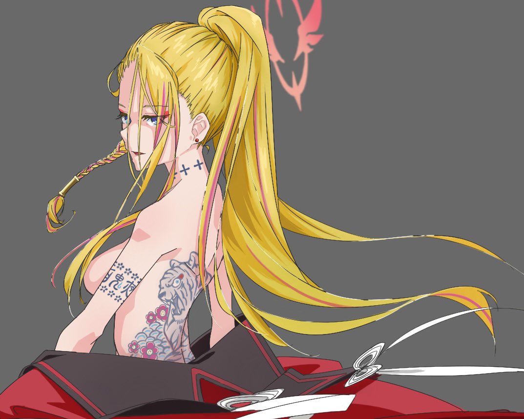 vividnatadecoco, pina (blue archive), blue archive, commentary request, 1girl, blonde hair, blue eyes, braid, breasts, earrings, grey background, halo, high ponytail, jewelry, long hair, looking at viewer, looking to the side, medium breasts, multicolored hair, nude, parted lips, pink hair, ponytail, simple background, solo, streaked hair, stud earrings, very long hair
