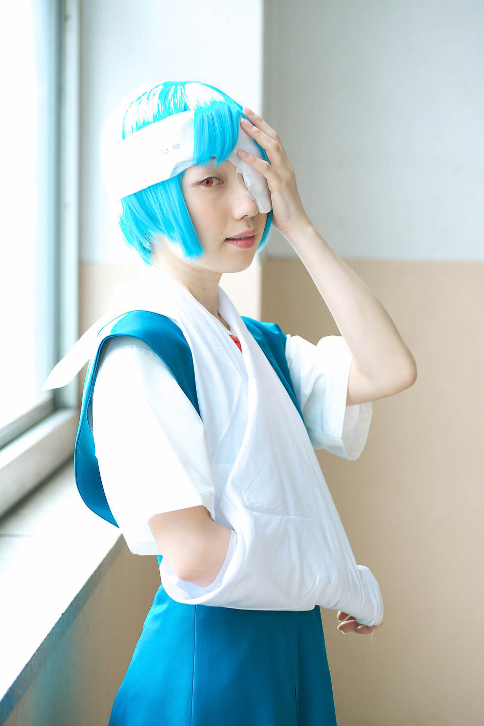 ayanami rei, neon genesis evangelion, highres, photo (medium), arm sling, ayanami rei (cosplay), bandages, blue hair, cosplay, eyepatch, red eyes, school uniform, serafuku