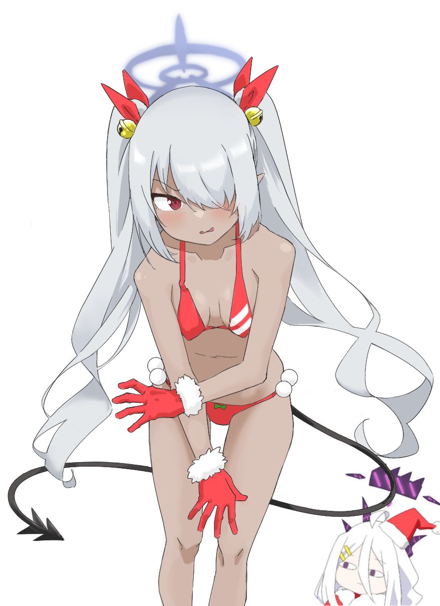 vividnatadecoco, hina (blue archive), iori (blue archive), blue archive, commentary, highres, symbol-only commentary, <|> <|>, 2girls, ahoge, bare shoulders, bell, bikini, blush, breasts, collarbone, dark-skinned female, dark skin, demon tail, fur-trimmed gloves, fur trim, gloves, grey hair, hair bell, hair ornament, hair over one eye, hair ribbon, halo, hat, horns, jingle bell, leaning forward, mini hat, mini santa hat, multiple girls, navel, parted lips, pointy ears, purple eyes, red bikini, red eyes, red gloves, red hat, red ribbon, ribbon, santa bikini, santa costume, santa hat, simple background, small breasts, solo focus, standing, swimsuit, tail, tilted headwear, twintails, white background