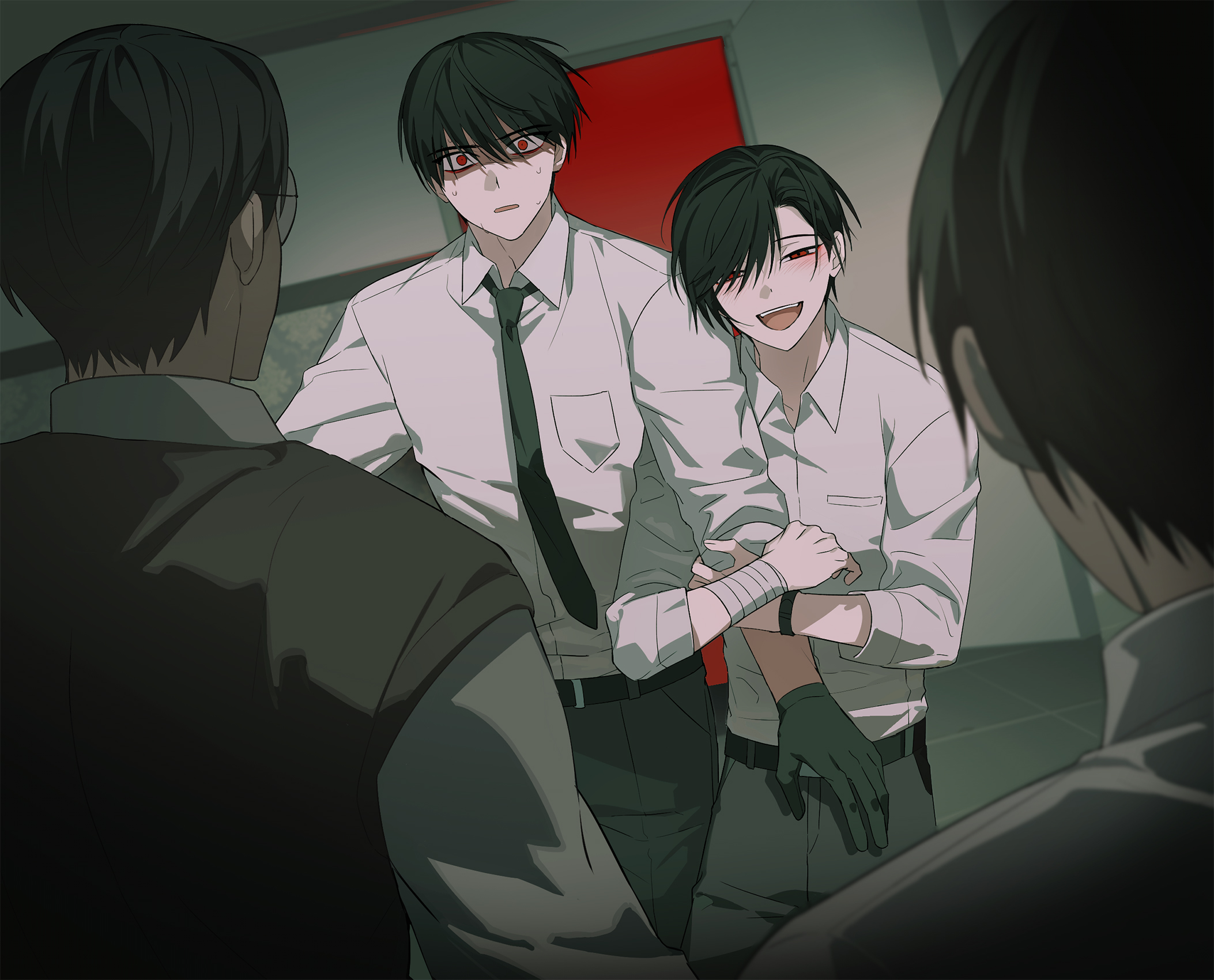 oosaki (ooe), ooe (game), highres, korean commentary, 4boys, ariake (ooe), bandages, belt, black belt, black gloves, black hair, black necktie, black pants, collared shirt, glasses, gloves, hair between eyes, indoors, llikothcihw, long sleeves, looking at viewer, male focus, multiple boys, necktie, open mouth, pants, pocket, red eyes, shinagawa zakuro, shinkiba jinza, shirt, short hair, sleeves rolled up, smile, teeth, vest, white shirt