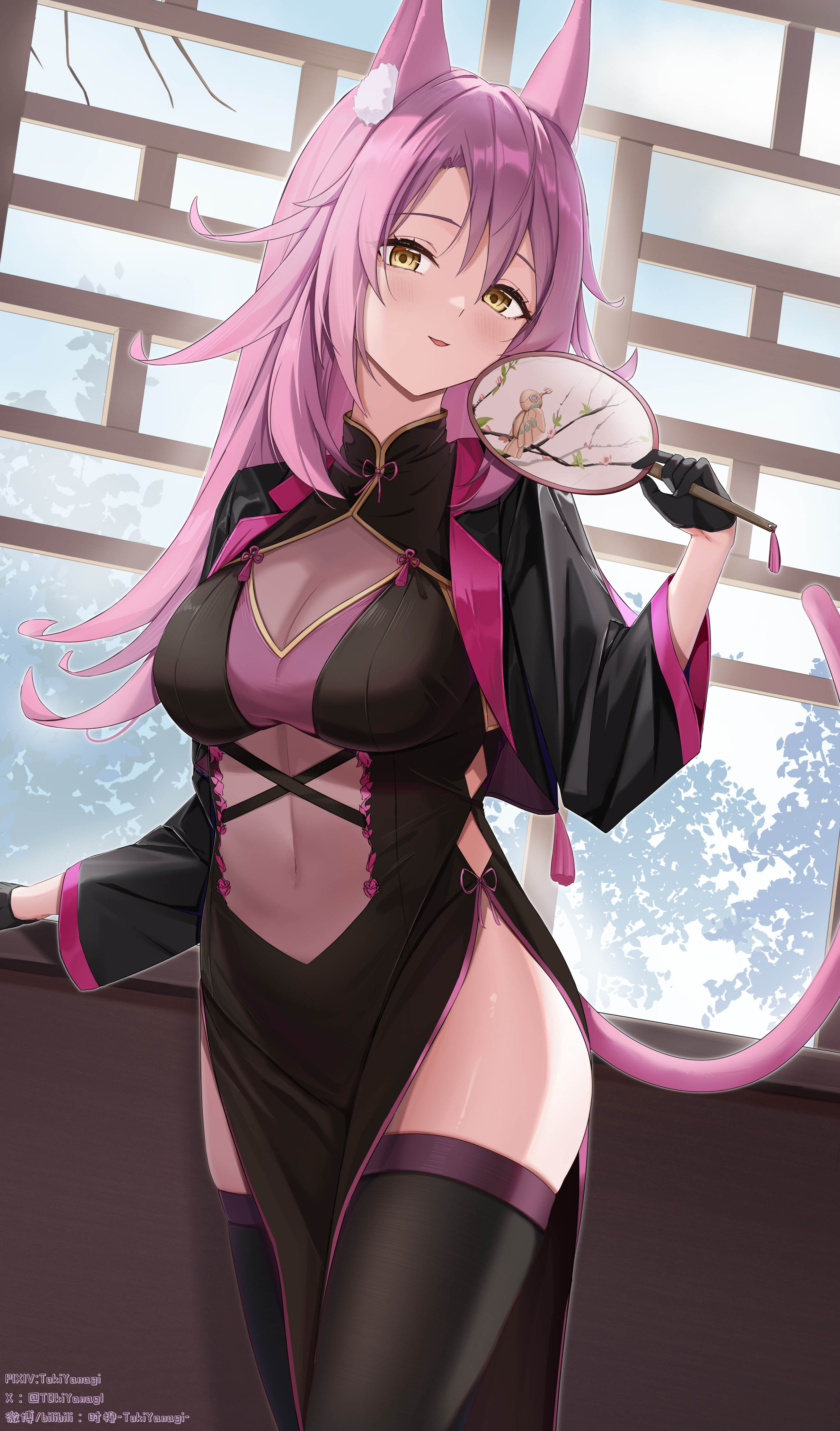 tokiyanagi, tri-brigade ferrijit the barren blossom, yu-gi-oh!, absurdres, commentary request, highres, 1girl, alternate costume, animal ear fluff, animal ears, bilibili username, black dress, black gloves, black thighhighs, breasts, cat ears, cat girl, cat tail, china dress, chinese clothes, clothing cutout, covered navel, cowboy shot, day, dress, duel monster, gloves, hair between eyes, half gloves, hand fan, holding, holding fan, indoors, large breasts, light blush, long hair, long sleeves, looking at viewer, navel cutout, parted lips, pelvic curtain, pink hair, pink tail, pixiv username, see-through cleavage, see-through clothes, sidelocks, skindentation, smile, solo, standing, tail, thighhighs, twitter username, window, yellow eyes