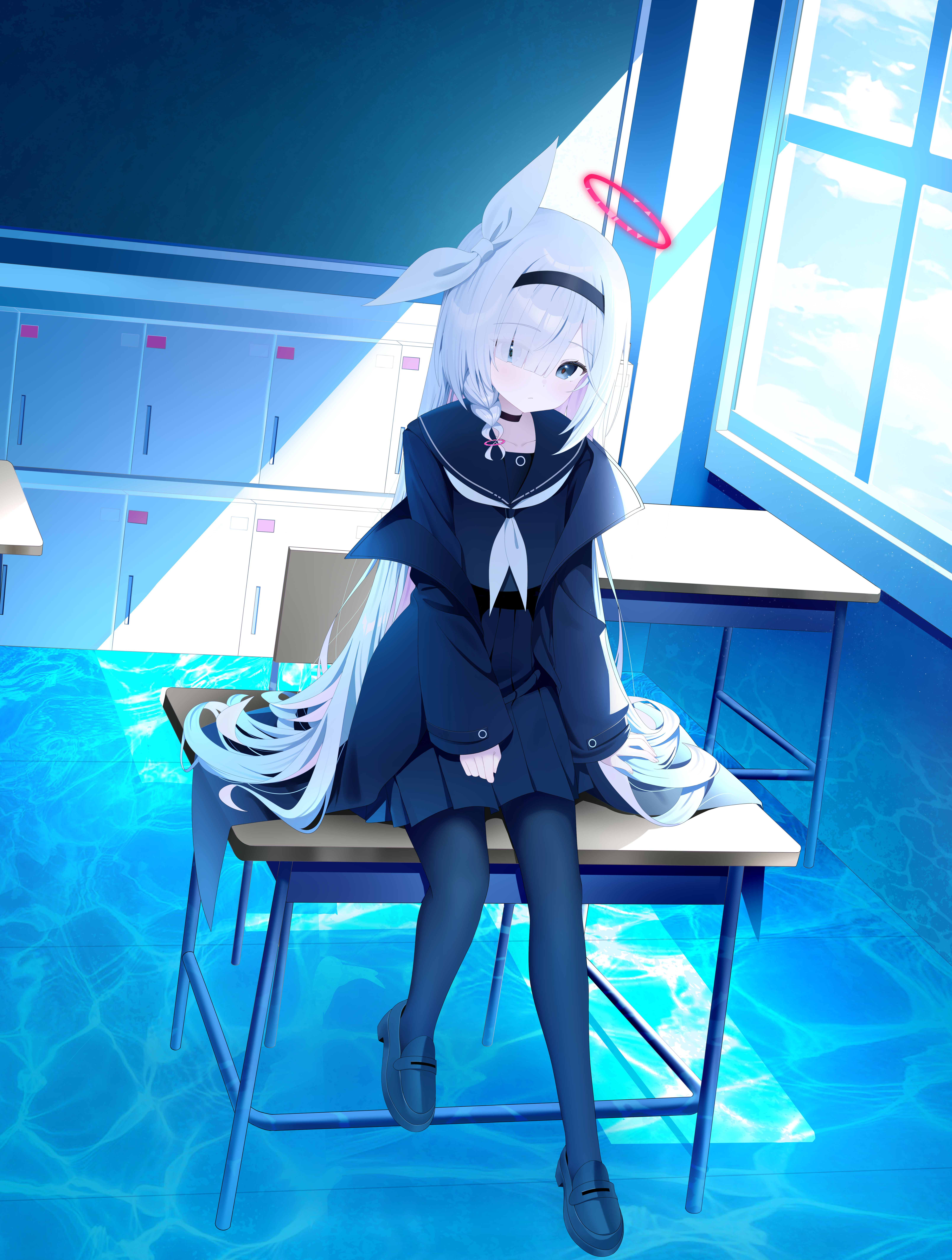 plana (blue archive), blue archive, absurdres, highres, 1girl, black pantyhose, bow, braid, classroom, desk, hair bow, long hair, looking at viewer, pantyhose, shanguangyaoye, skirt, sky, solo, white hair, window