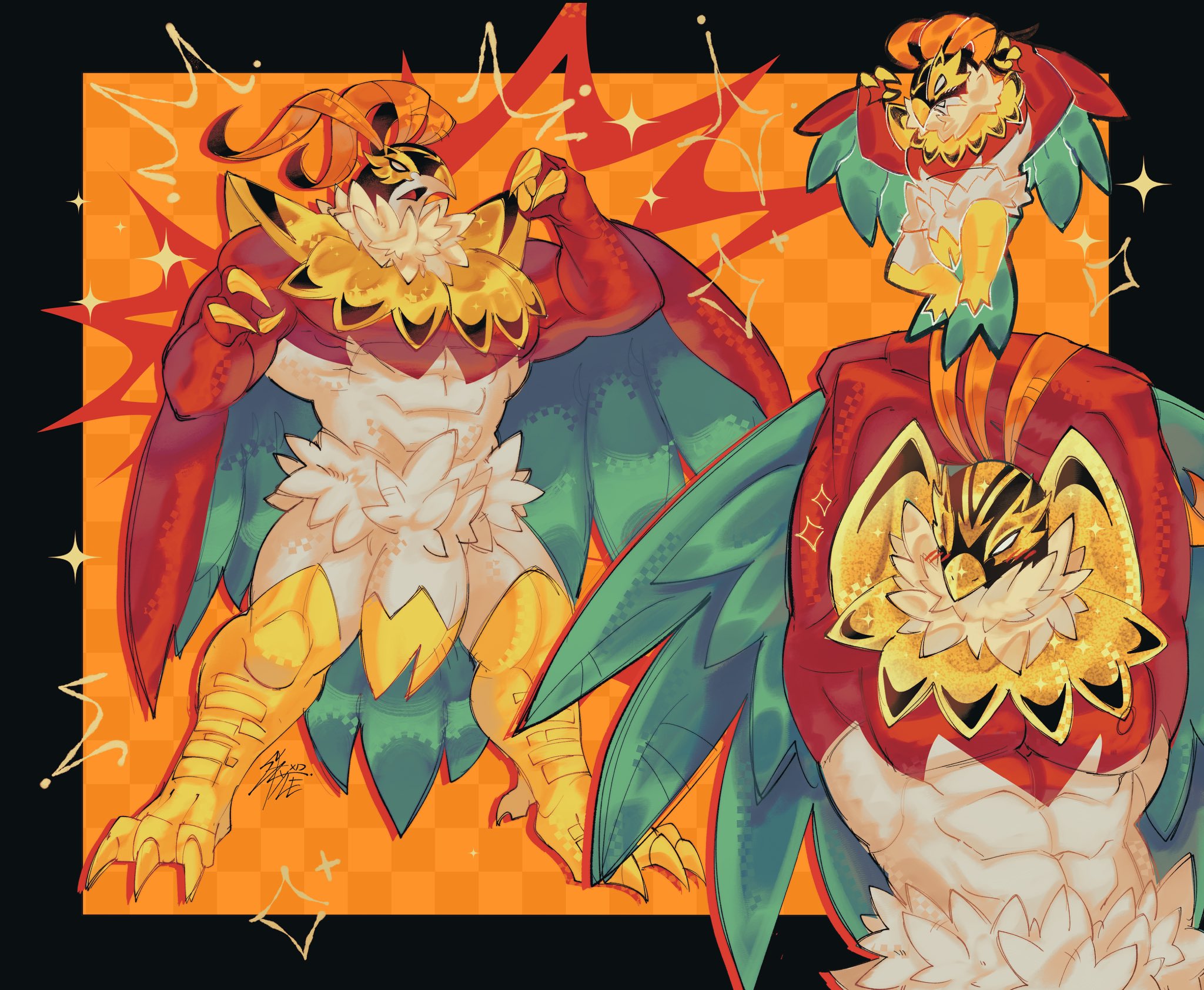hawlucha, mega hawlucha, nintendo, pokemon, commentary, english commentary, highres, 1boy, abs, arms up, bara, beak, blush, chibi, chibi inset, claws, gen 6 pokemon, multiple views, muscular, muscular male, no humans, open mouth, pectorals, pokemon (creature), rawox style, signature