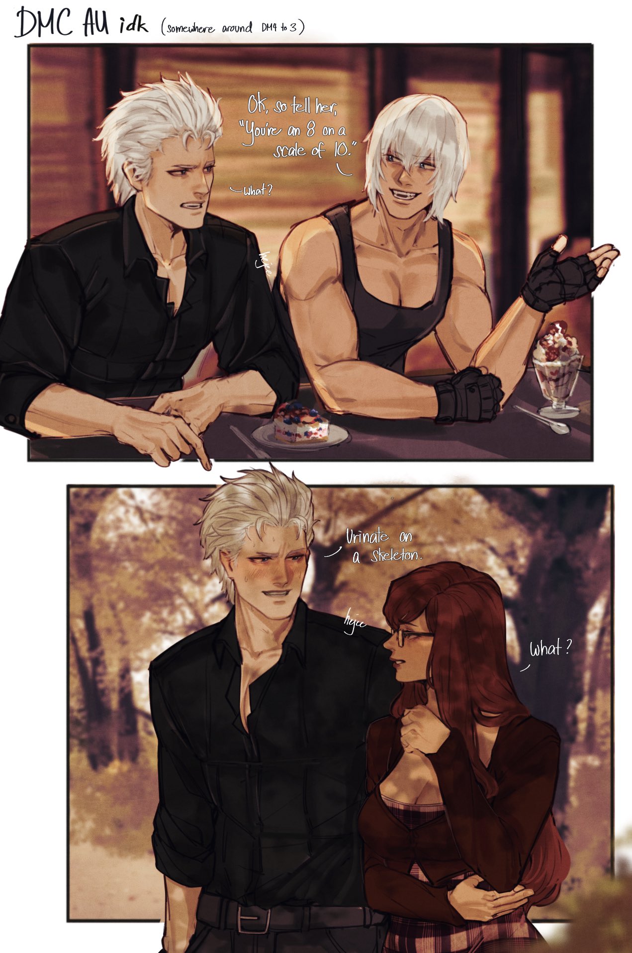 hejee, dante (devil may cry), vergil (devil may cry), devil may cry (series), original, highres, 1girl, blue eyes, blush, breasts, brothers, cleavage, collarbone, dress, fingerless gloves, gloves, hair slicked back, hetero, lady in red (devil may cry), long dress, long hair, multiple boys, pants, red dress, short hair, siblings, smile, white hair