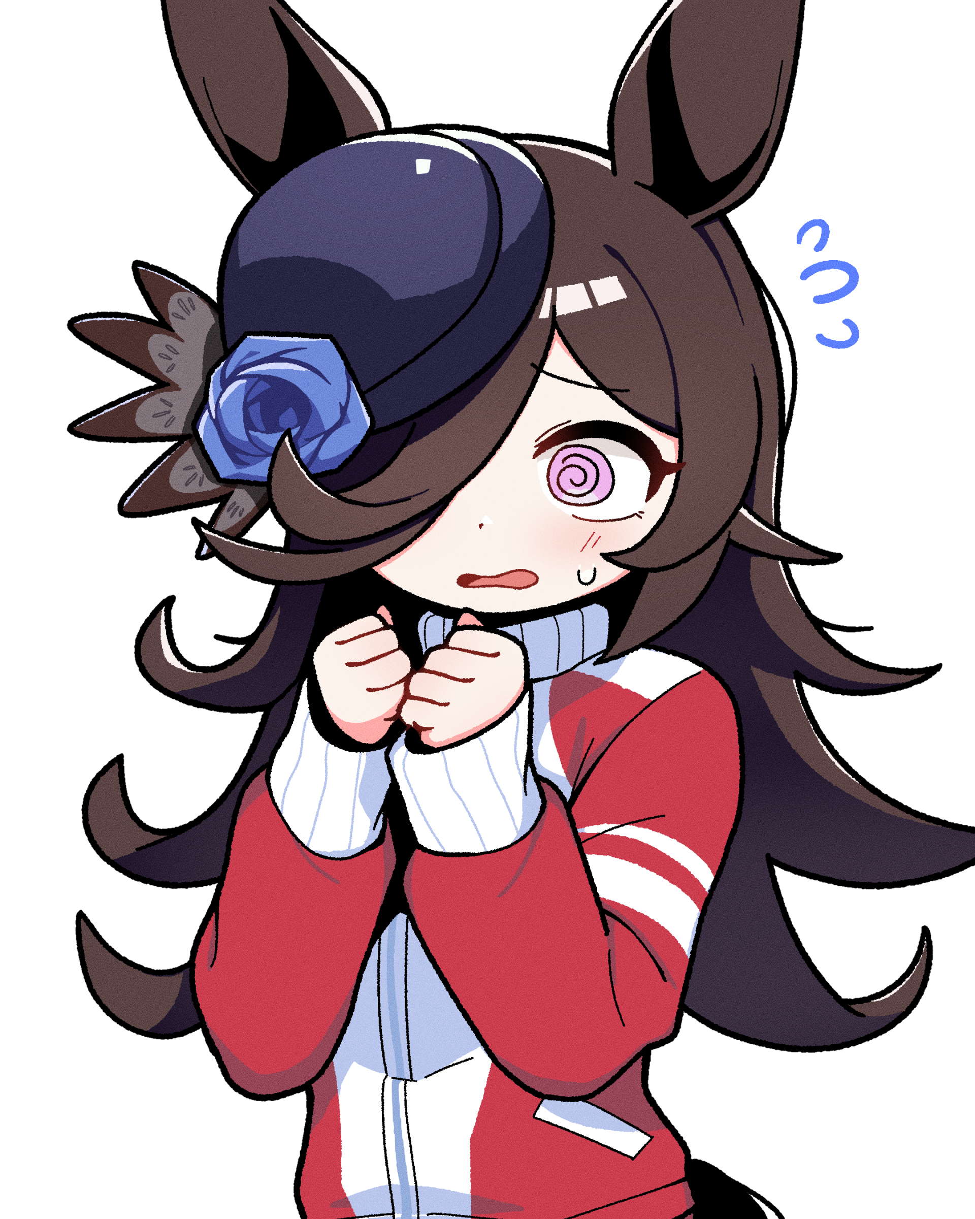jorang (jorang08), rice shower (umamusume), umamusume, absurdres, commentary request, highres, korean commentary, 1girl, @ @, animal ears, blue flower, blue rose, blush, brown hair, flipped hair, flower, flying sweatdrops, hair over one eye, hands up, hat, hat flower, horse ears, horse girl, horse tail, jacket, long hair, long sleeves, open mouth, purple eyes, red jacket, rose, simple background, solo, tail, tilted headwear, tracen training uniform, track jacket, track suit, upper body, white background