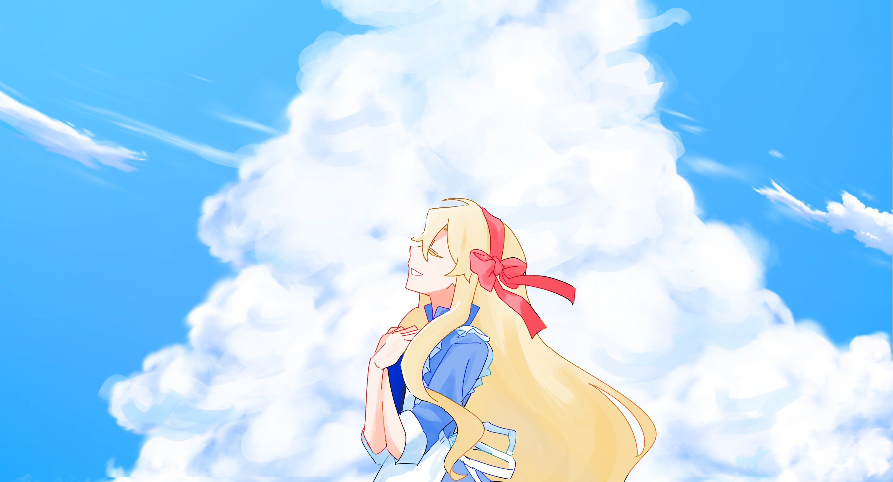kozakura marry, kagerou project, facing up, highres, apron, blonde hair, blue dress, blue sky, border, bow, chark4521, closed eyes, closed mouth, cloud, collared dress, colored eyelashes, day, dress, facing to the side, frilled apron, frills, from side, hair bow, hair ribbon, hairband, hands on own chest, holding, long hair, outdoors, pink hairband, profile, red hairband, ribbon, sky, smile, solo, three-quarter sleeves, upper body, very long hair, white apron
