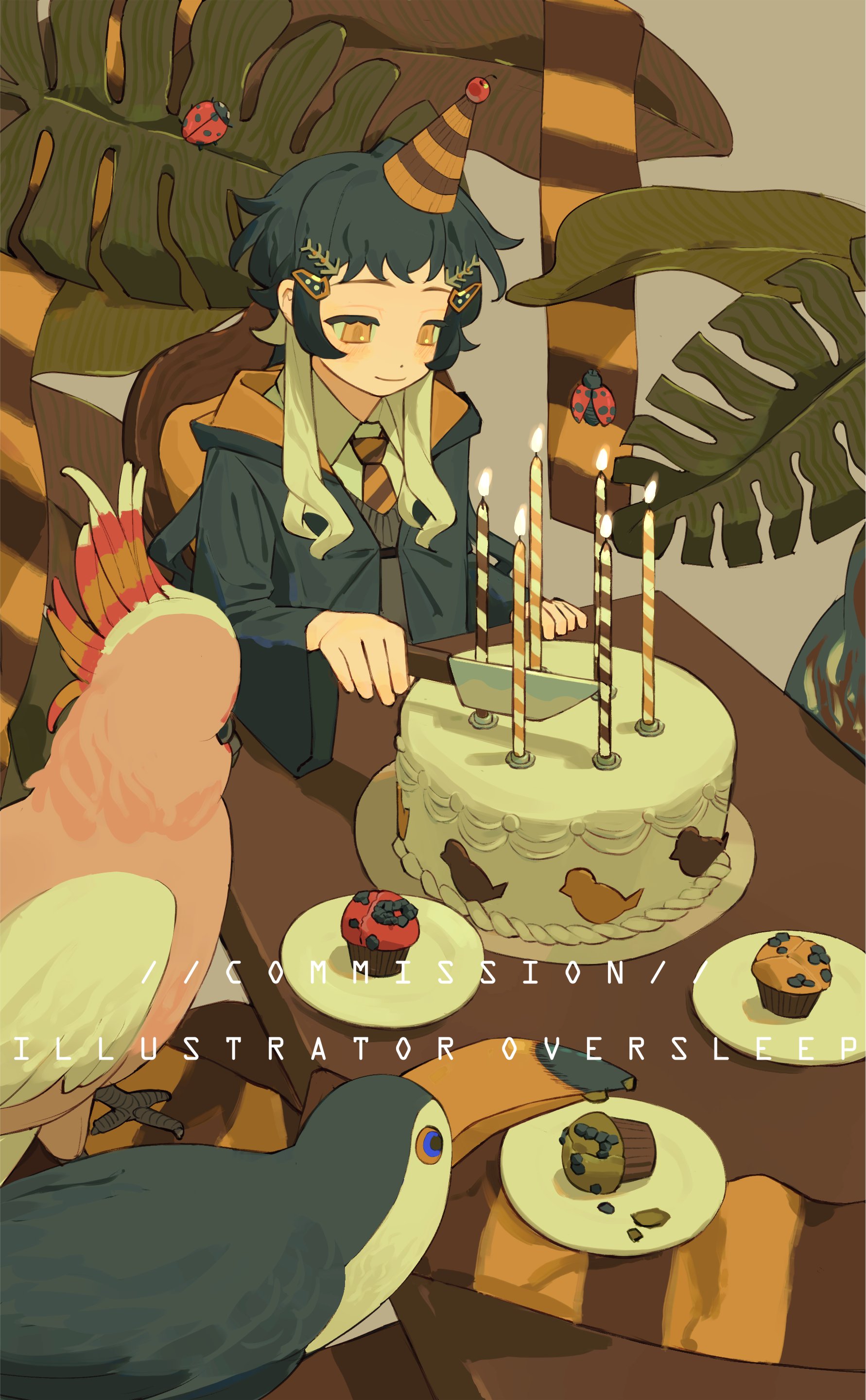 oversleep, original, absurdres, highres, 1girl, bird, birthday, birthday cake, black hair, bug, cake, cake slice, candle, chair, food, hair ornament, hairclip, happy birthday, hat, hogwarts school uniform, holding, holding knife, insect, knife, ladybug, leaf, long sleeves, multicolored hair, necktie, parrot, party hat, plate, scarf, school uniform, short hair, short hair with long locks, smile, striped clothes, striped necktie, striped scarf, table, toucan, white hair, yellow eyes