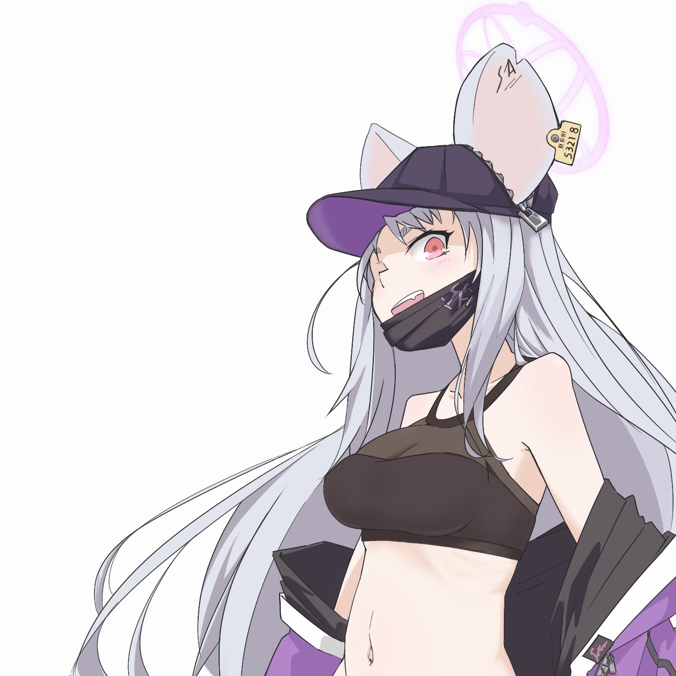 vividnatadecoco, saya (blue archive), blue archive, commentary request, highres, 1girl, :d, animal ears, bare shoulders, baseball cap, black hat, breasts, collarbone, ear tag, ears through headwear, eyebrows hidden by hair, fang, grey background, grey hair, halo, hat, jacket, long hair, looking at viewer, mask, mask pull, medium breasts, mouse ears, mouth mask, navel, off shoulder, open clothes, open jacket, open mouth, purple jacket, red eyes, see-through cleavage, see-through clothes, simple background, smile, solo, thick eyebrows, very long hair