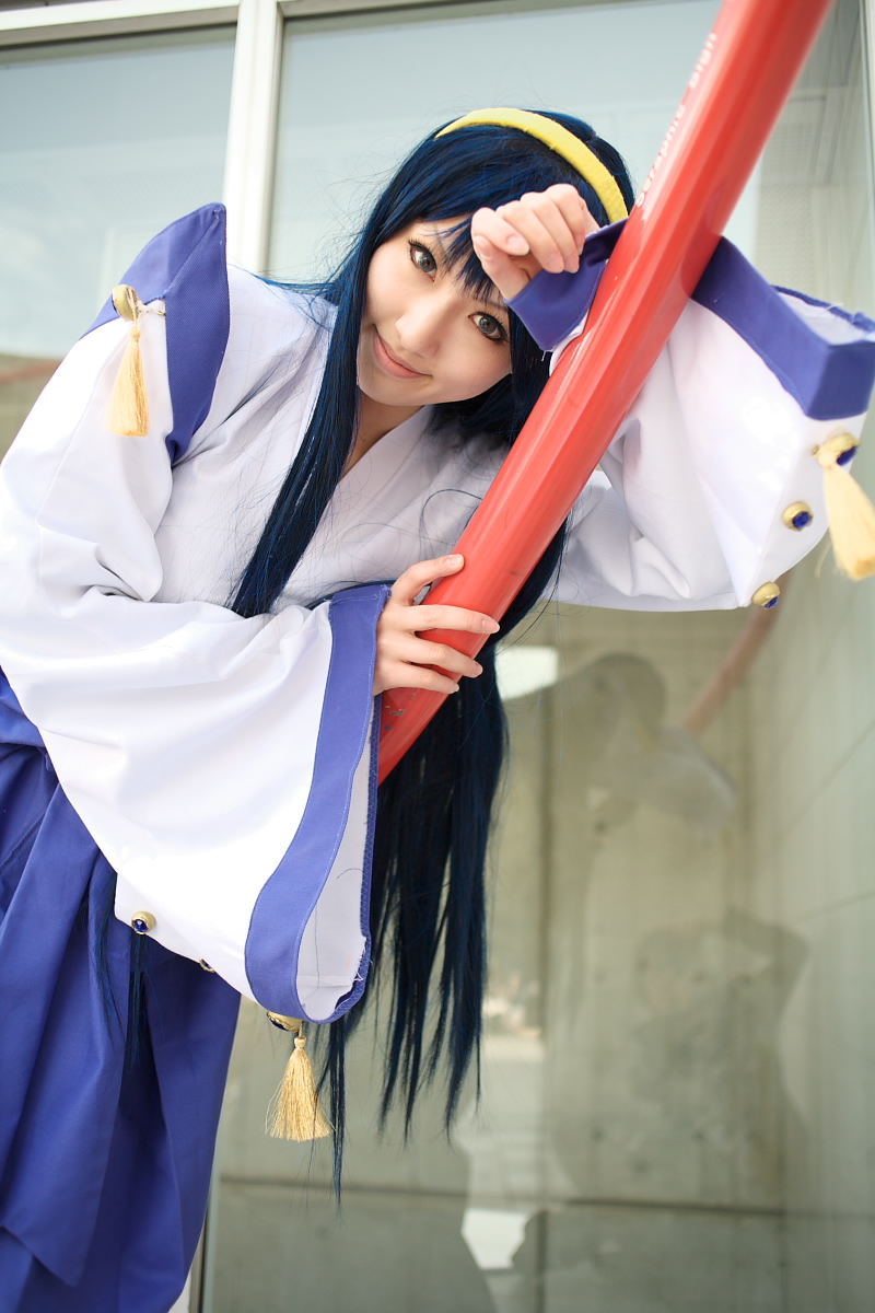 saya (cosplayer), himemiya chikane, kannazuki no miko, highres, photo (medium), blue hair, cosplay, hairband, japanese clothes, miko, robe