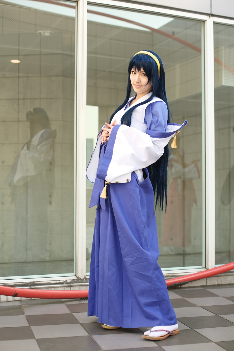 saya (cosplayer), himemiya chikane, kannazuki no miko, highres, photo (medium), blue hair, cosplay, hairband, japanese clothes, miko, robe