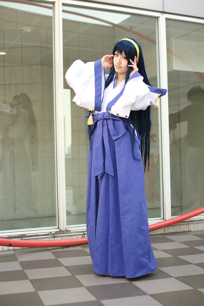 saya (cosplayer), himemiya chikane, kannazuki no miko, highres, photo (medium), blue hair, cosplay, hairband, japanese clothes, miko, robe
