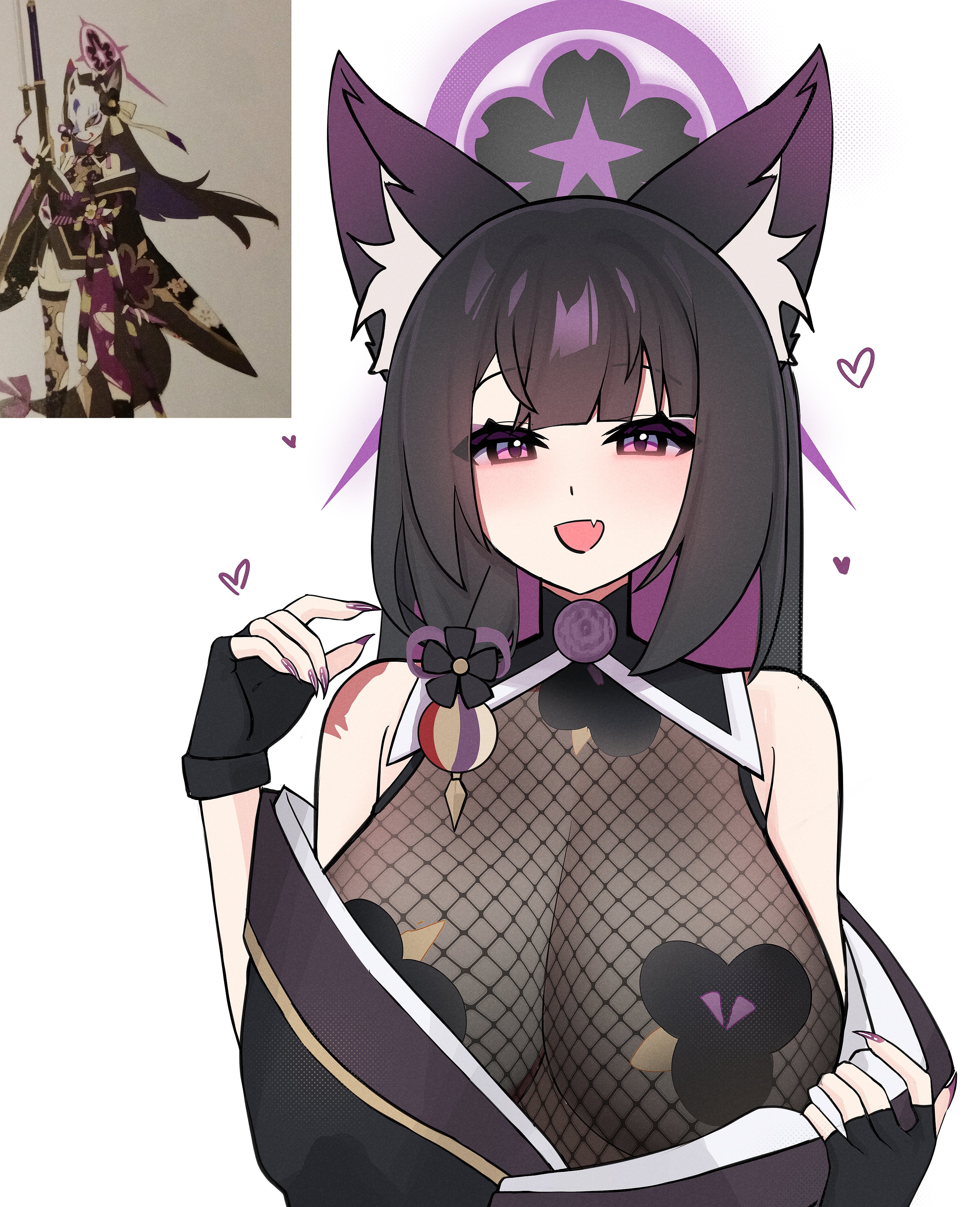 silenzuka, wakamo (blue archive), blue archive, absurdres, highres, 1girl, alternate costume, alternate eye color, alternate hair color, animal ear fluff, animal ears, bare shoulders, black gloves, black kimono, blush, bodystocking, breasts, cleavage, colored inner hair, fang, fingerless gloves, fishnet bodystocking, fishnets, fox ears, fox girl, gloves, halo, huge breasts, japanese clothes, kimono, long hair, multicolored hair, open mouth, pasties, purple eyes, purple hair, purple halo, purple nails, sidelocks, skin fang, solo, two-tone hair, upper body
