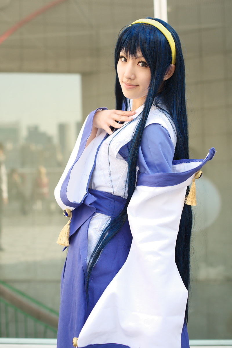 saya (cosplayer), himemiya chikane, kannazuki no miko, highres, photo (medium), blue hair, cosplay, hairband, japanese clothes, miko, robe