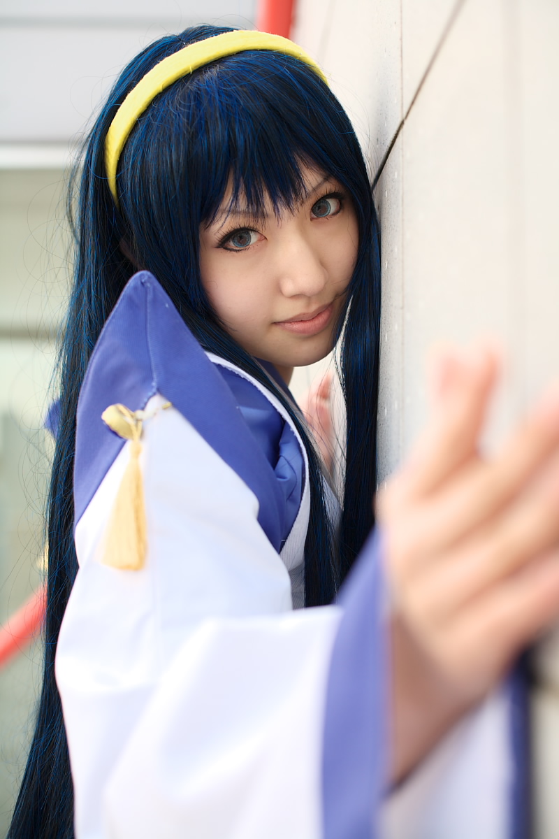 saya (cosplayer), himemiya chikane, kannazuki no miko, highres, photo (medium), blue hair, cosplay, hairband, japanese clothes, miko, robe