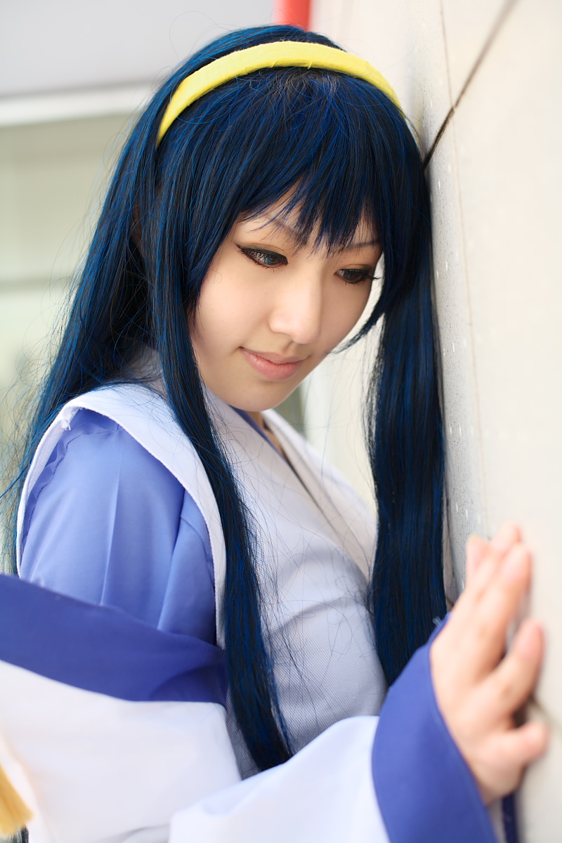 saya (cosplayer), himemiya chikane, kannazuki no miko, highres, photo (medium), blue hair, cosplay, hairband, japanese clothes, miko, robe