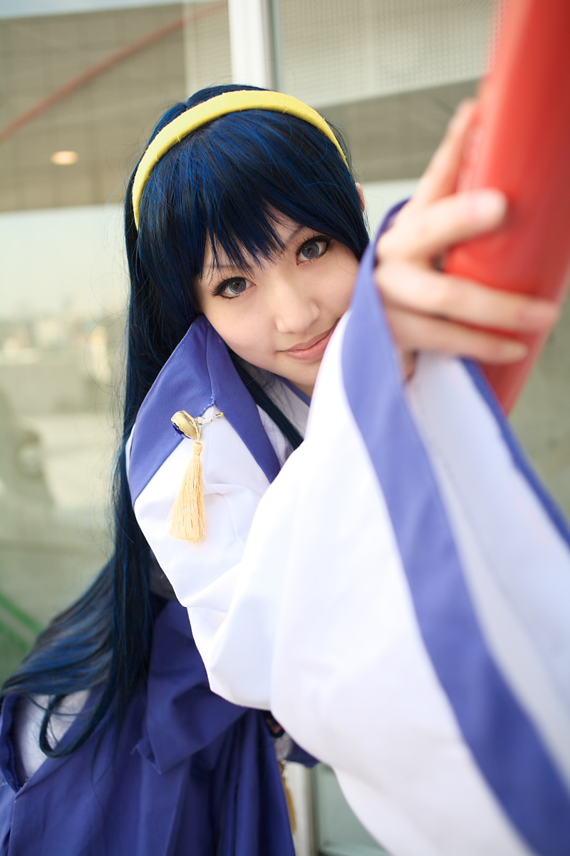 saya (cosplayer), himemiya chikane, kannazuki no miko, highres, photo (medium), blue hair, cosplay, hairband, japanese clothes, miko, robe
