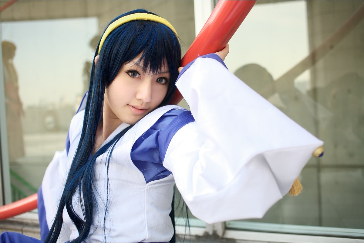 saya (cosplayer), himemiya chikane, kannazuki no miko, photo (medium), blue hair, cosplay, hairband, japanese clothes, miko, robe