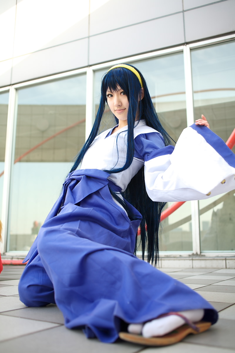 saya (cosplayer), himemiya chikane, kannazuki no miko, highres, photo (medium), blue hair, cosplay, hairband, japanese clothes, miko, robe