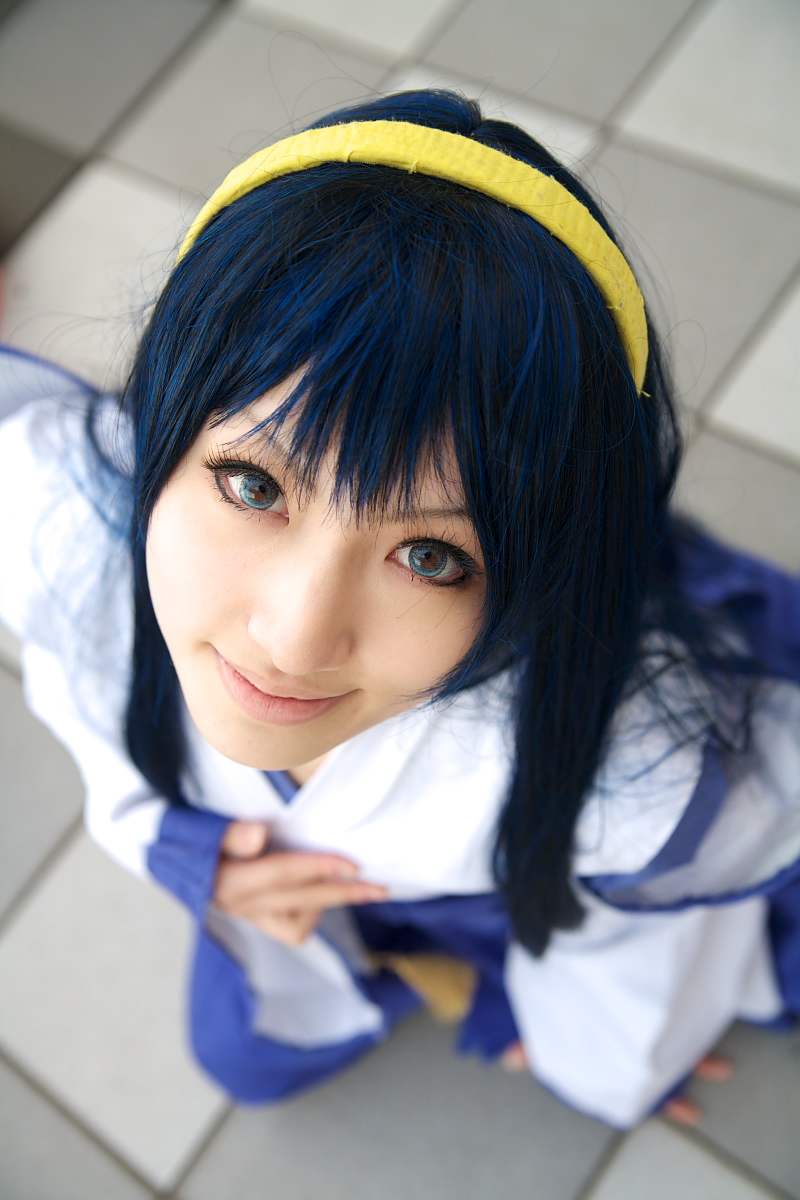saya (cosplayer), himemiya chikane, kannazuki no miko, highres, photo (medium), blue hair, cosplay, hairband, japanese clothes, miko, robe