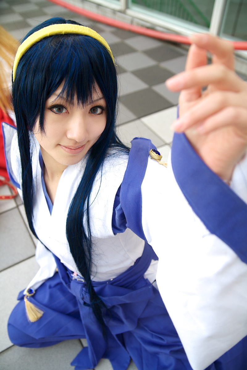 saya (cosplayer), himemiya chikane, kannazuki no miko, highres, photo (medium), blue hair, cosplay, hairband, japanese clothes, miko, robe