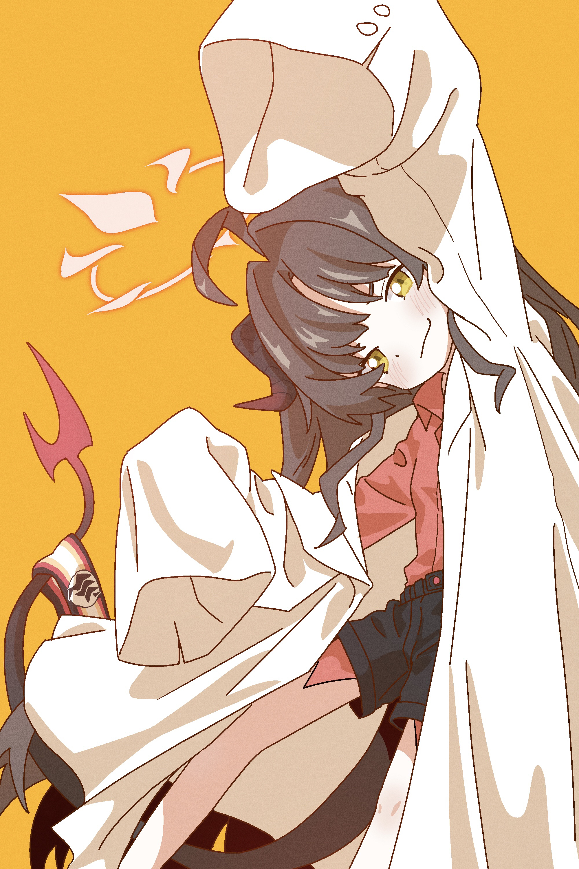 shimotsu., kasumi (blue archive), blue archive, absurdres, commentary, highres, 1girl, black hair, black shorts, blush, closed mouth, coat, collared shirt, halo, horns, lab coat, long hair, long sleeves, looking at viewer, open clothes, open coat, orange background, red shirt, shirt, short shorts, shorts, simple background, sleeves past fingers, sleeves past wrists, solo, tail, very long hair, yellow eyes